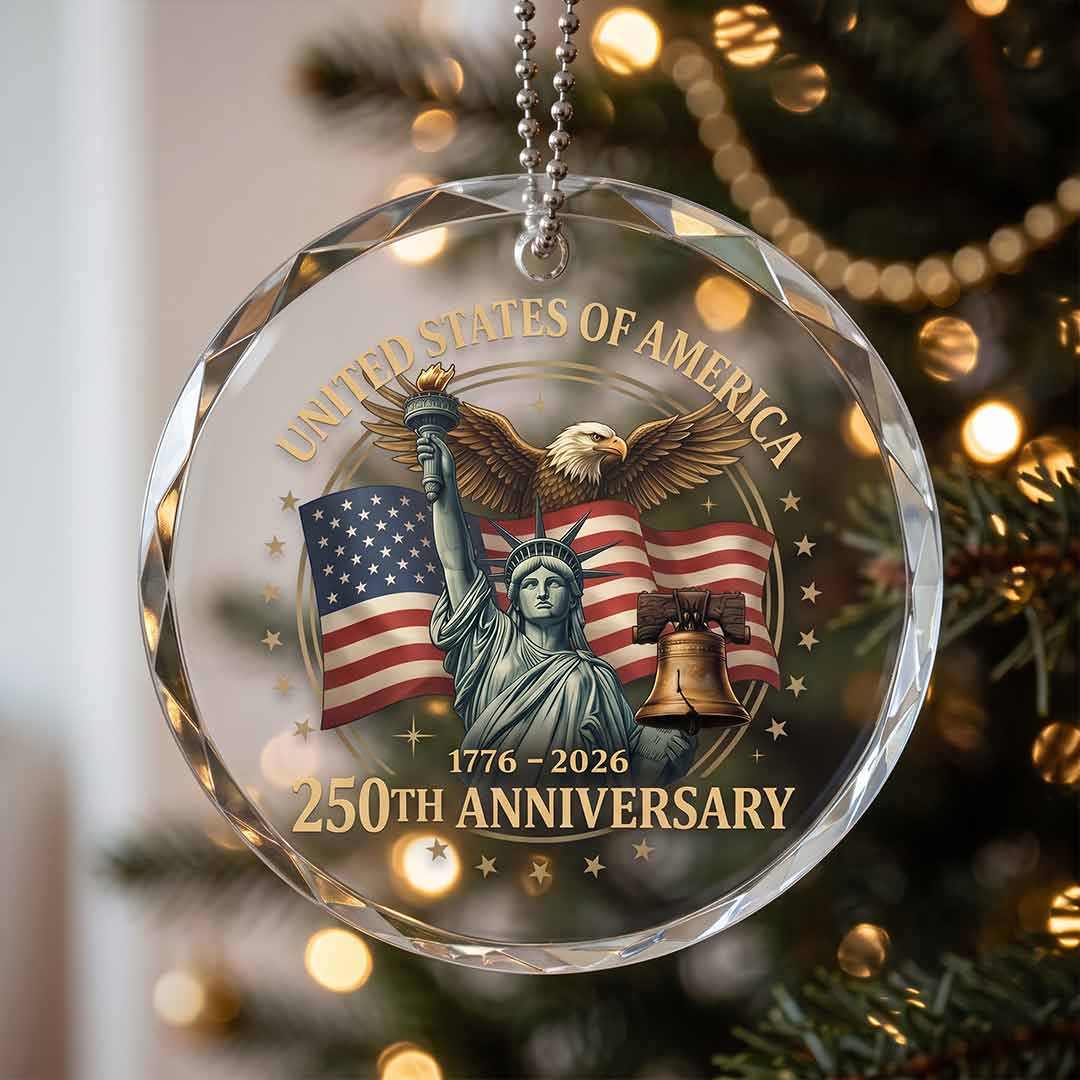 United States Freedom 250 Patriotic American Heritage Independence Round Glass Christmas Ornament
