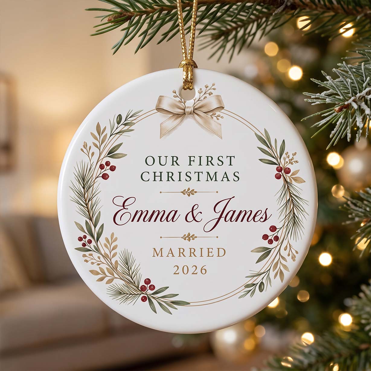 Our First Christmas Botanical Wreath Custom Names Date First Married Christmas Round Ceramic Christmas Ornament