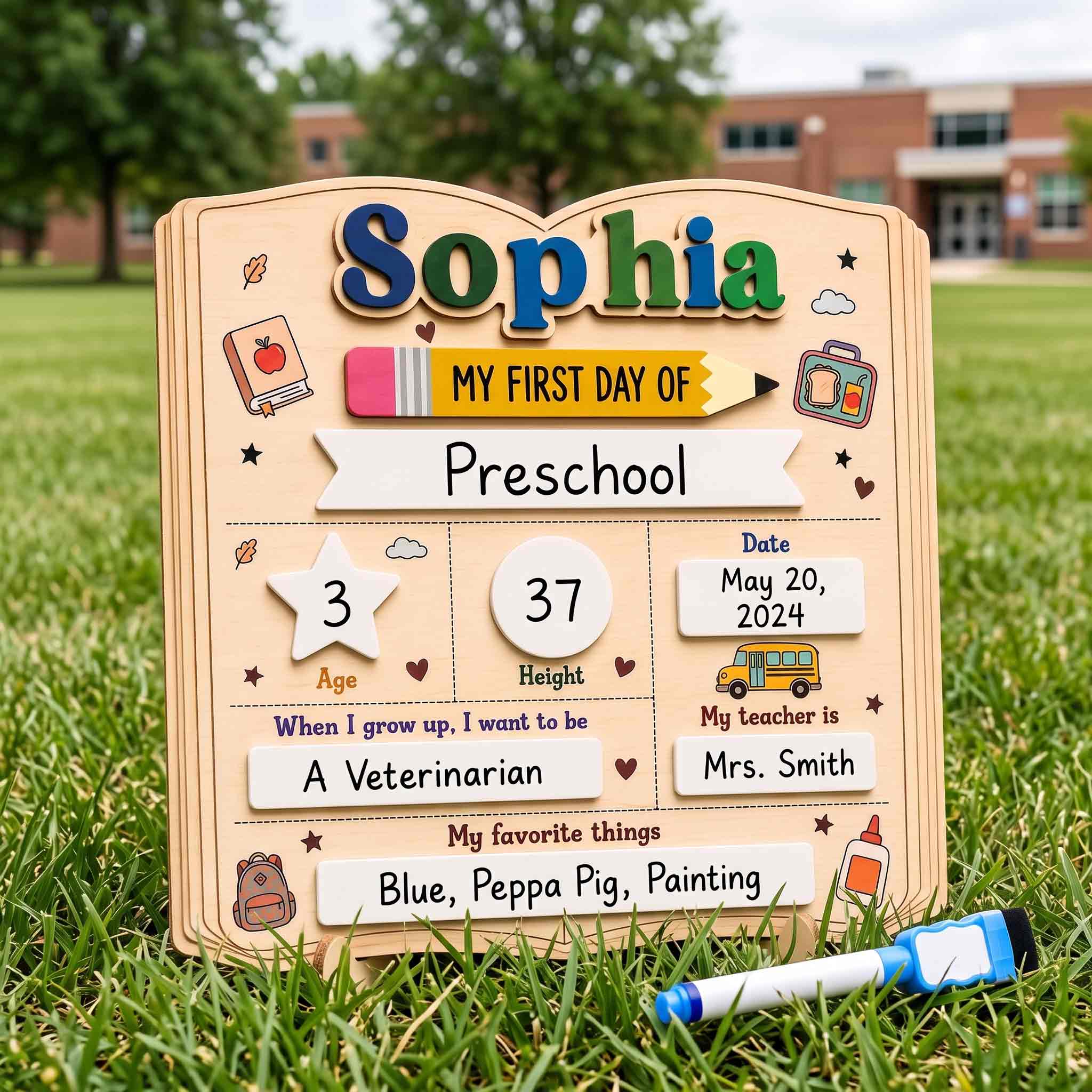 Personalized School Book First & Last Day School Sign, Reusable Dry Erase Board, Back to School Sign