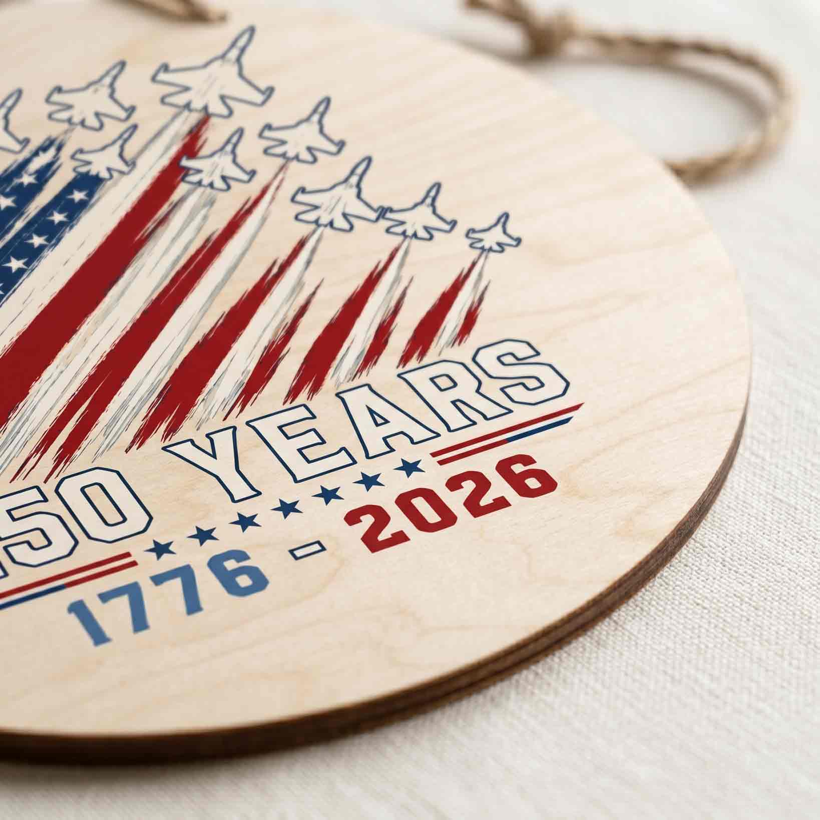 America 250th Anniversary Wooden Sign With Patriotic Fighter Jets