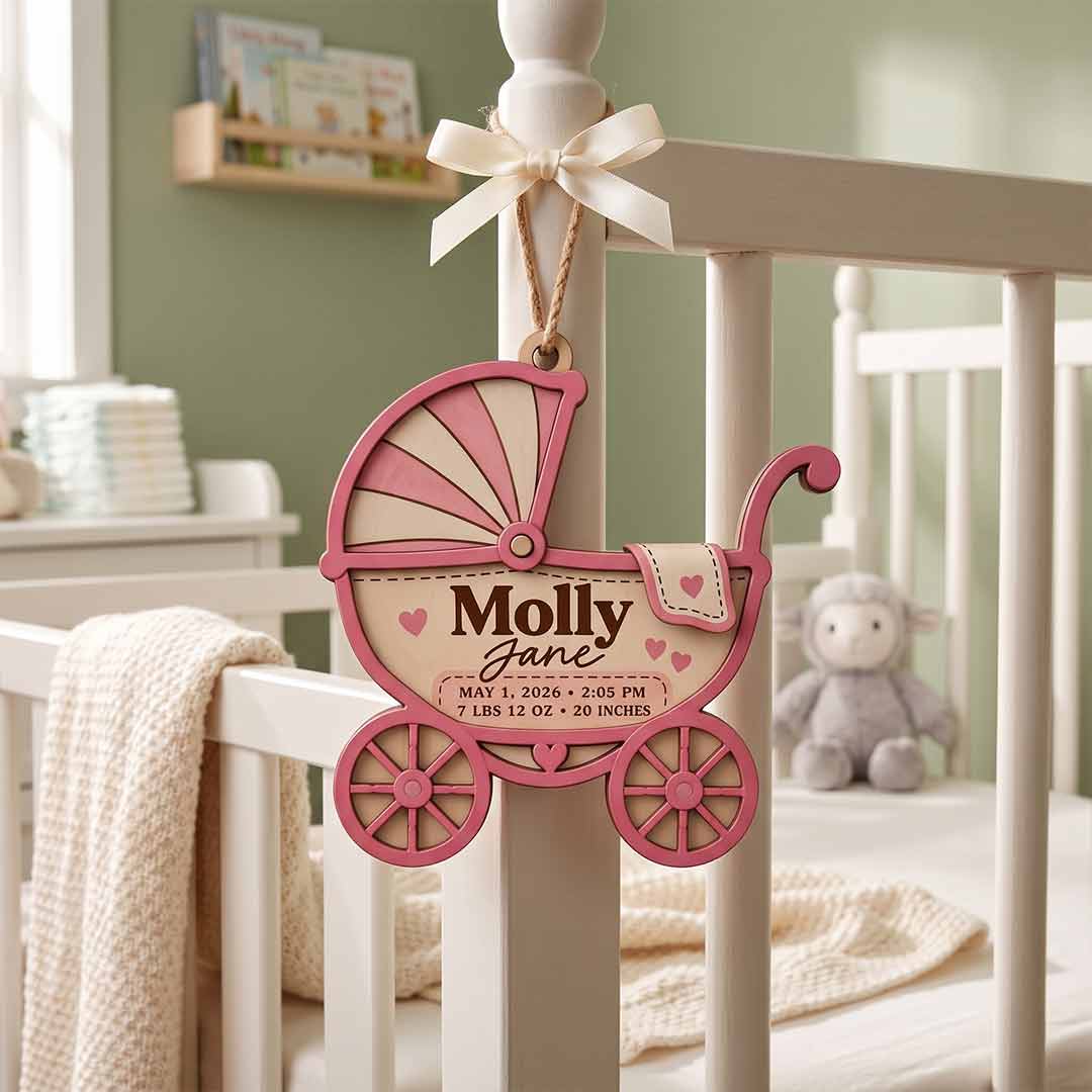 Baby Carriage Birth Announcement Personalized Custom Name Date Time Weight Length Newborn 2-Layer Wooden Christmas Ornament for New Baby Keepsake
