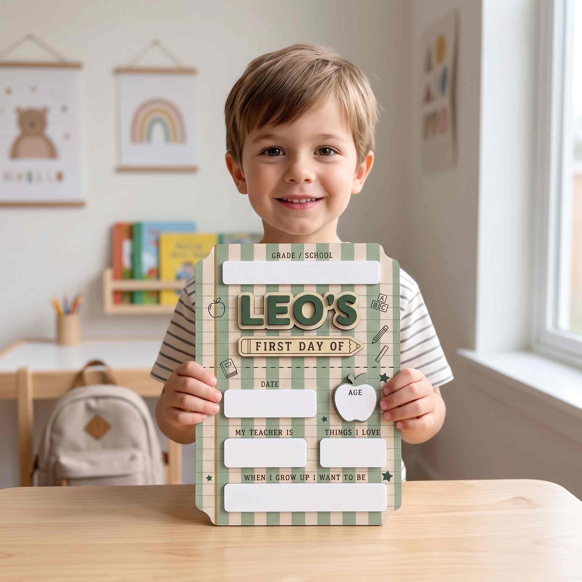 Personalized Green Stripes First & Last Day School Sign, Reusable Dry Erase Board, Back to School Sign