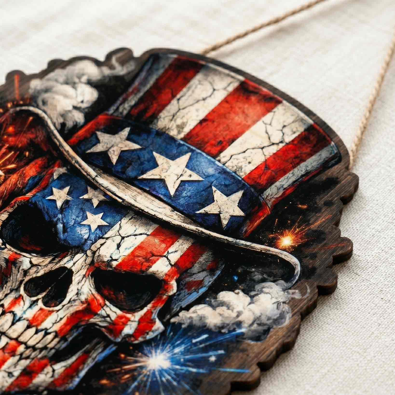 America 250 Independence Day Skull Patriotic Decor Wooden Sign