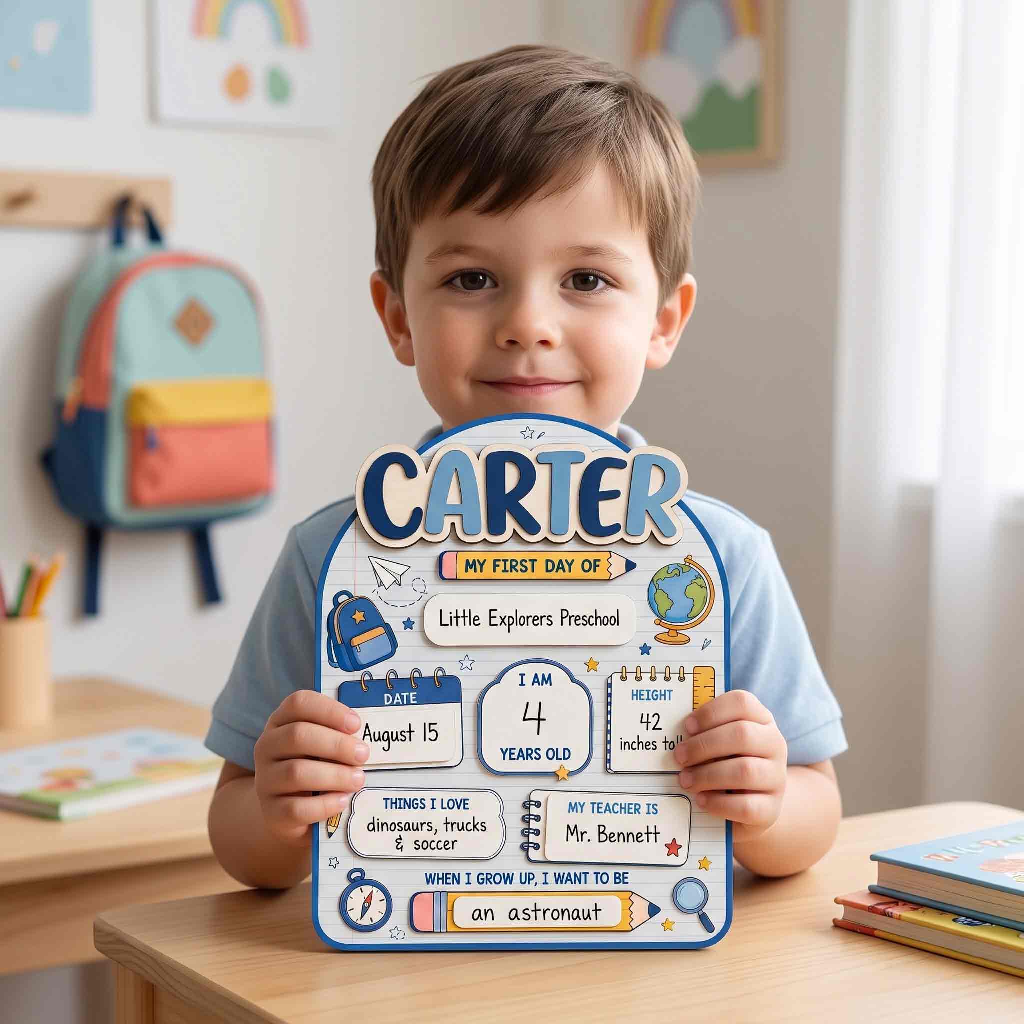 Personalized Blue Classroom Adventure First & Last Day School Sign, Reusable Dry Erase Board, Back to School Sign
