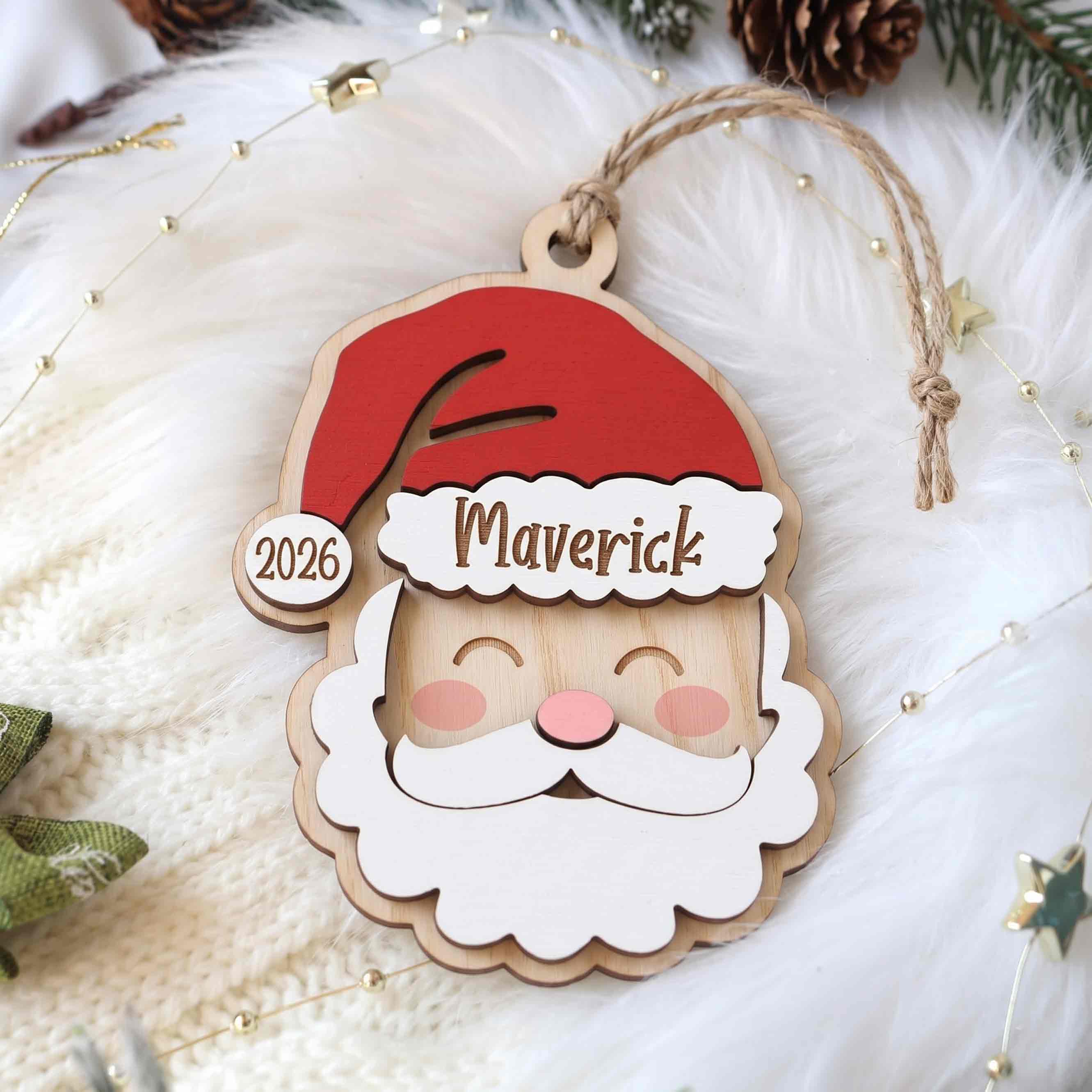 Santa Face Christmas Personalized Custom Name Date 2-Layer Wooden Christmas Ornament Christmas Gift
