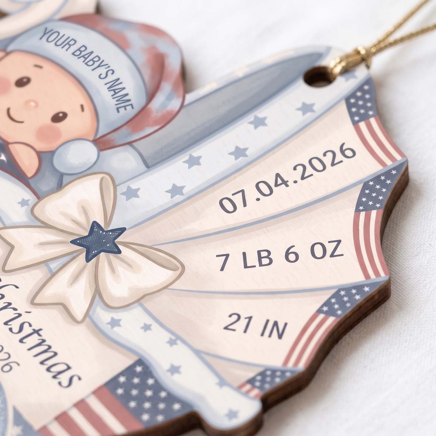 Baby's 1st Christmas America's 250th Year Baby Carriage Custom Name Date Weight Length Baby's First Christmas Wooden Ornament