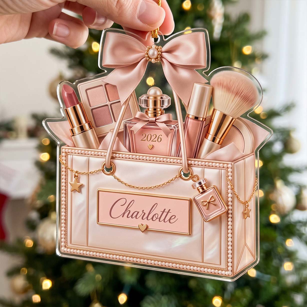 Pearl Makeup Tote Perfume Brush Custom Name Date Acrylic Christmas Ornament Beauty Artist Christmas Tree Decor Gift