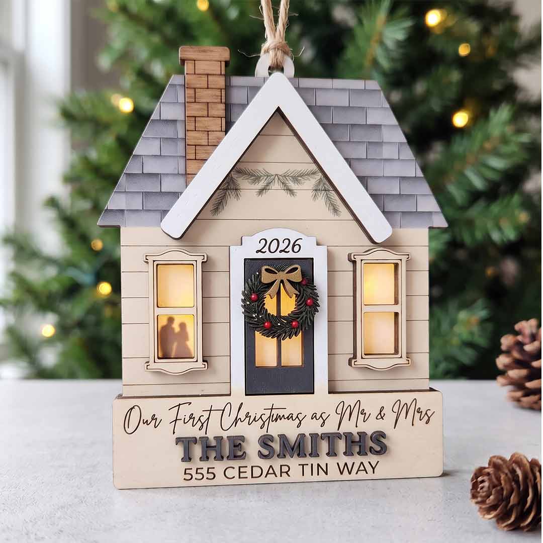 Our First Christmas as Mr and Mrs Personalized Couple Custom Name Date Address Wedding Gift Wooden Christma