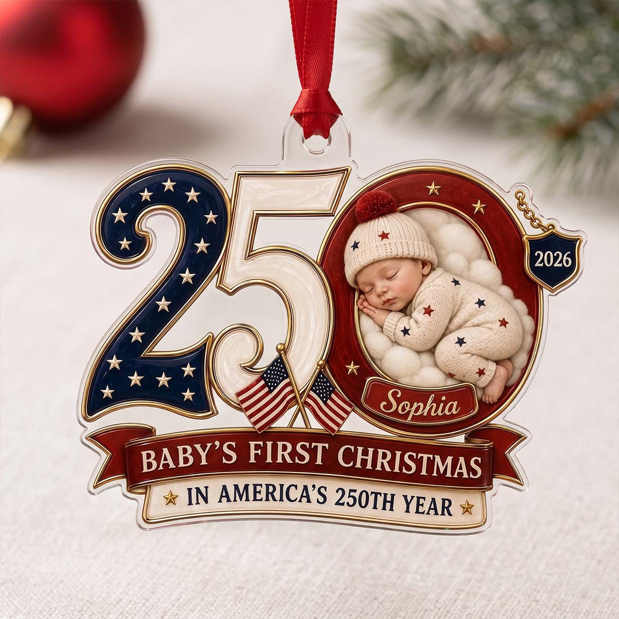 250 Anniversary Baby Number Design Custom Name Baby's First Christmas Acrylic Christmas Ornament Patriotic