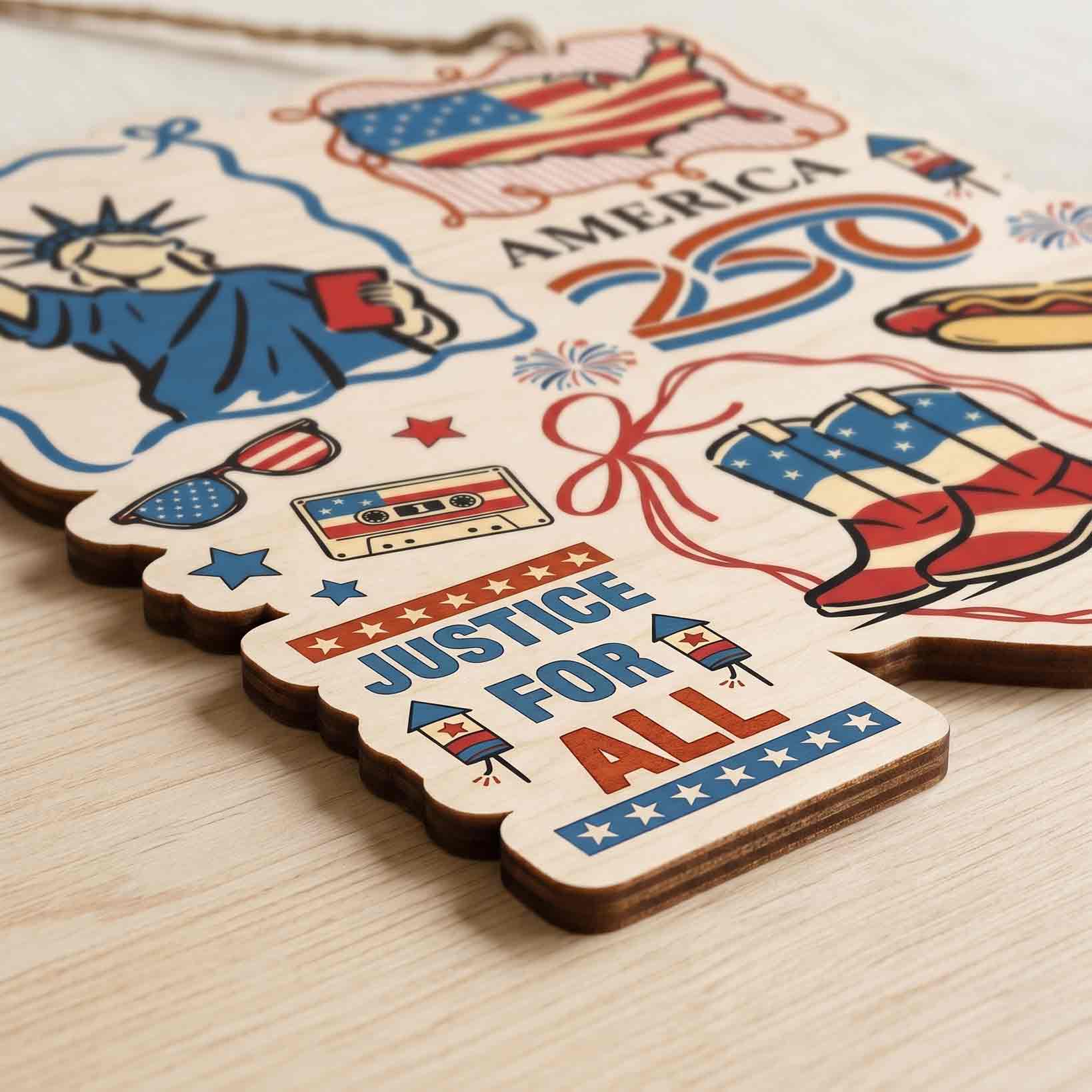 America 250 Statue of Liberty Justice for All Doodle Wooden Sign