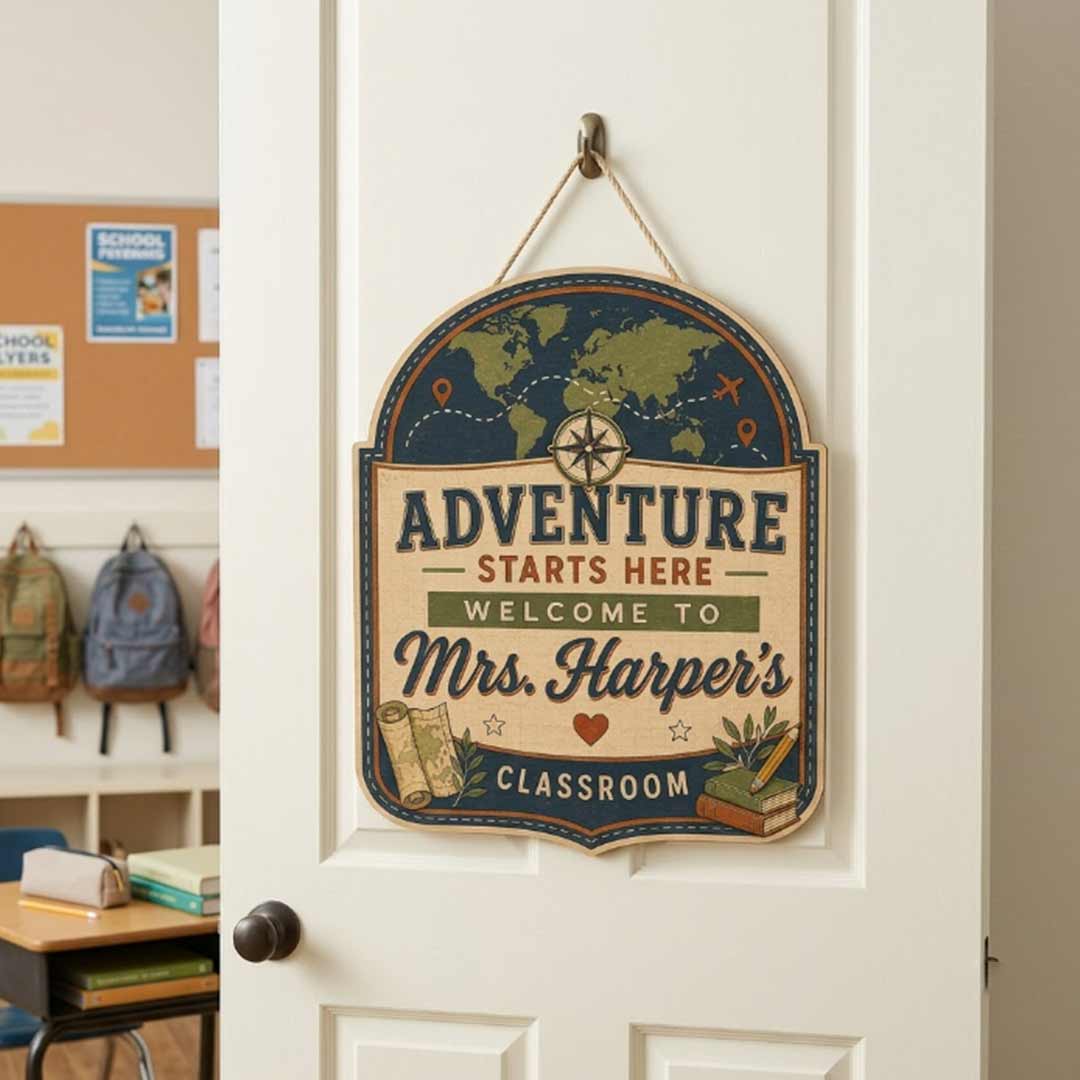 Personalized Teacher Name Wooden Sign Door Hanger Adventure Stars Here Classroom Sign Wooden Classroom Decor, Back to School Sign