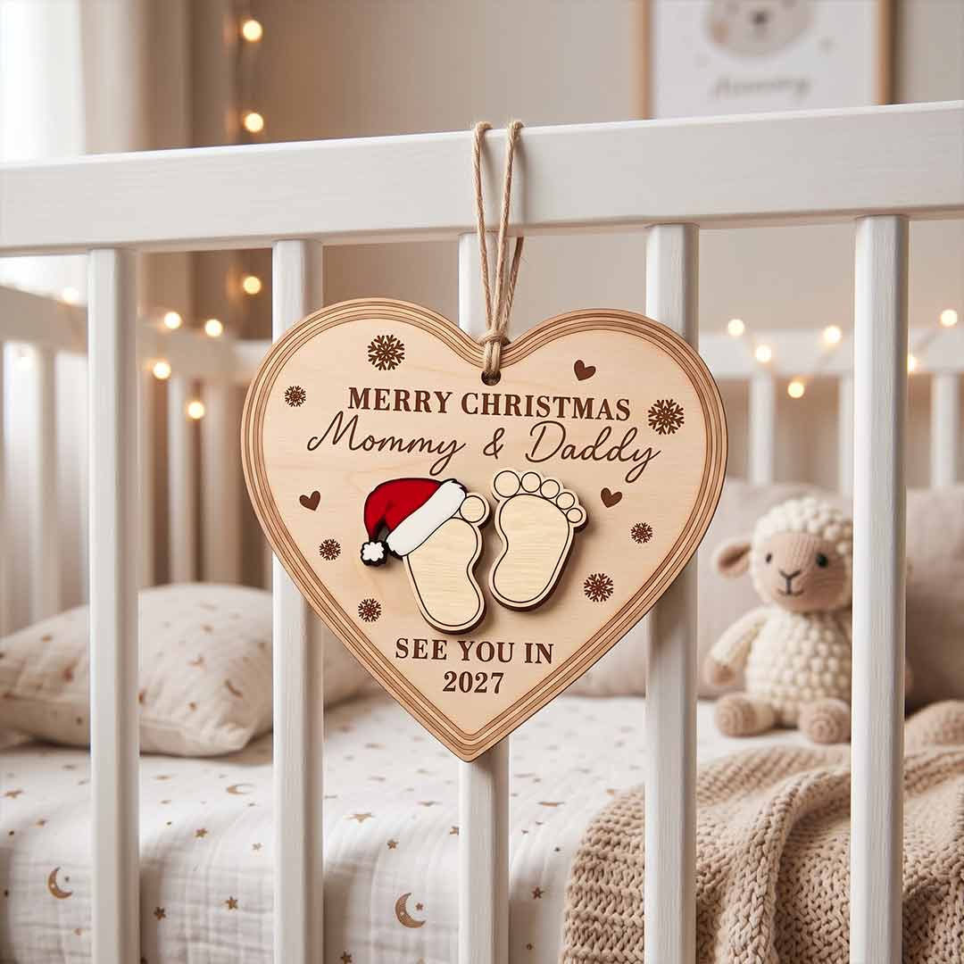 Merry Christmas Mommy and Daddy See You in 2027 Personalized Custom Name Date Newborn 2-Layer Wooden Christmas Ornament for Pregnancy Announcement