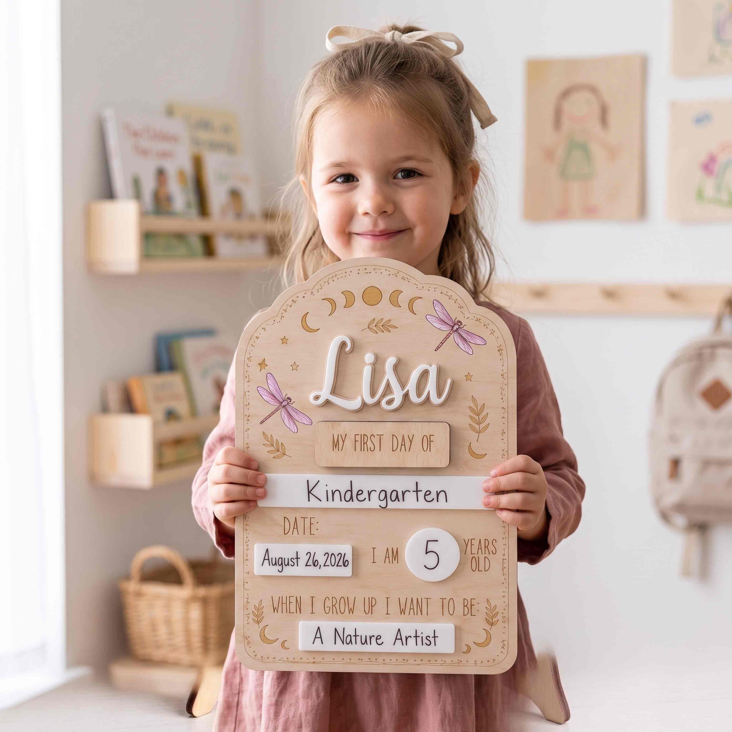Personalized Moon Phase Dragonfly First & Last Day School Board, Reusable Dry Erase Board, Back to School Sign