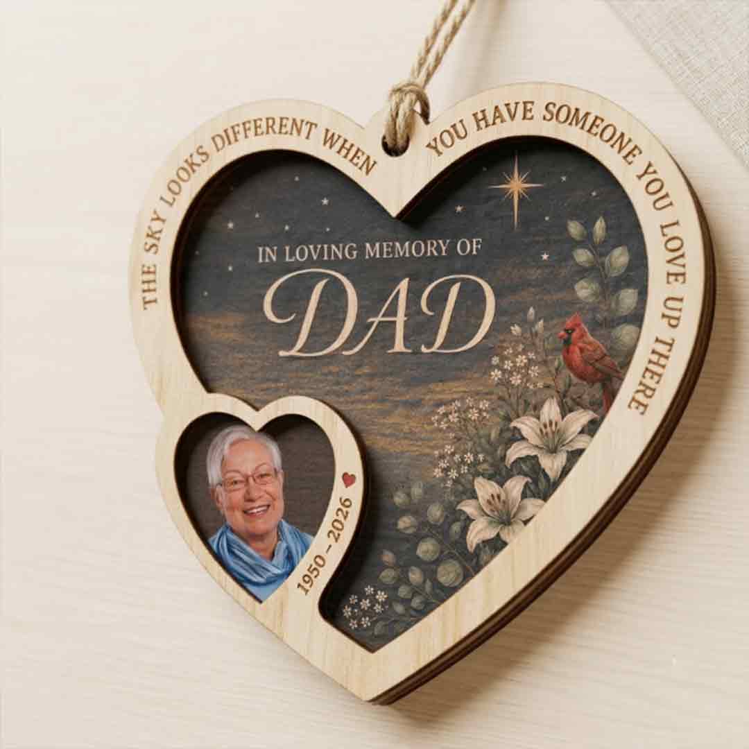 In Loving Memory Dad Heart Photo Personalized Custom Name Date Photo Memorial 2-Layer Wooden Christmas Ornament Remembrance Gift for Loss of Dad