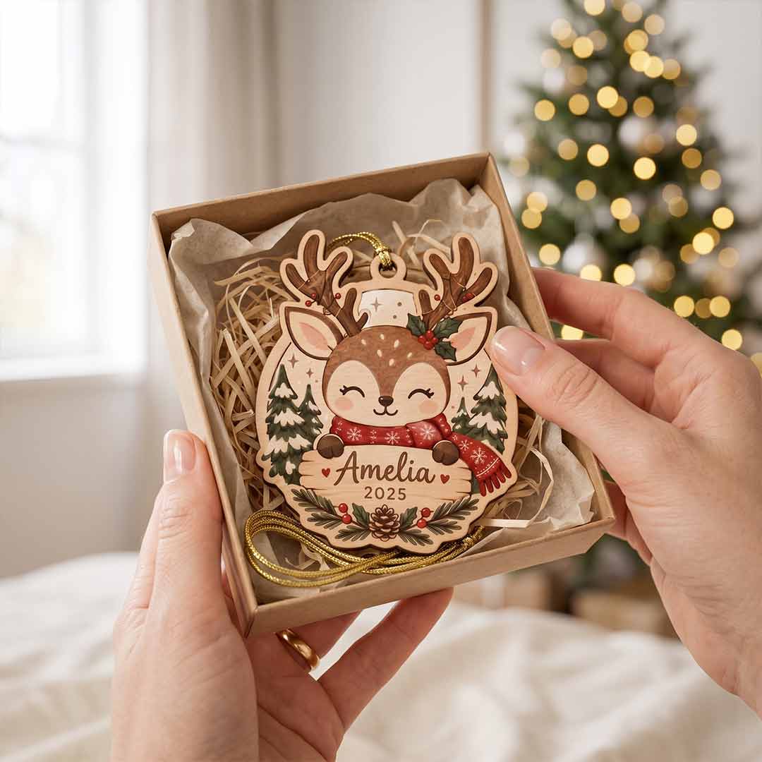 Cute Christmas Reindeer Kids Keepsake Personalized Custom Name Date NewBorn 1-Layer Wooden Christmas Ornament for Children Gift