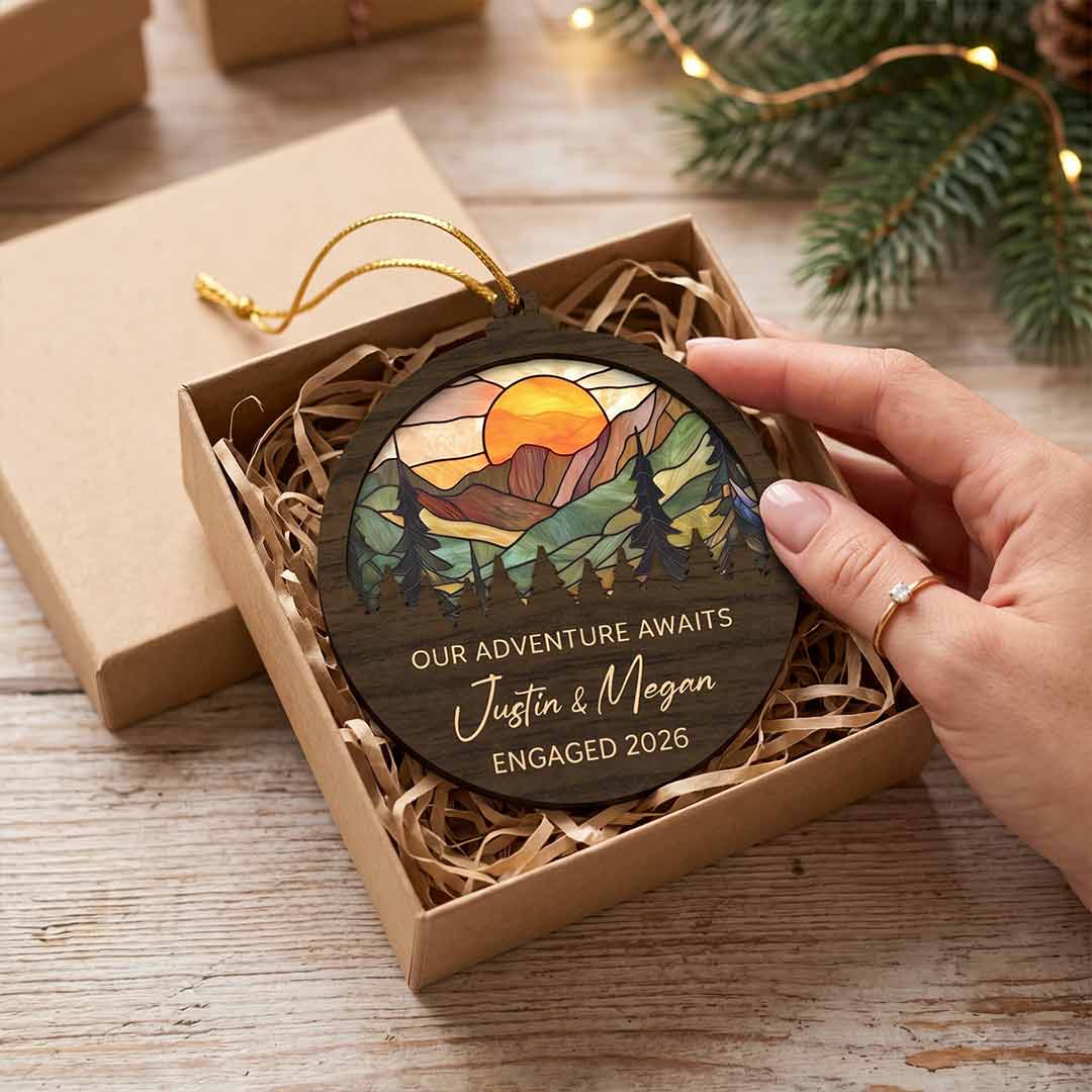 Engagement Mountain Sunset Personalized Custom Name Date Engagement 2-Layer Wooden Christmas Ornament Engagement Keepsake for Newly Engaged Couple