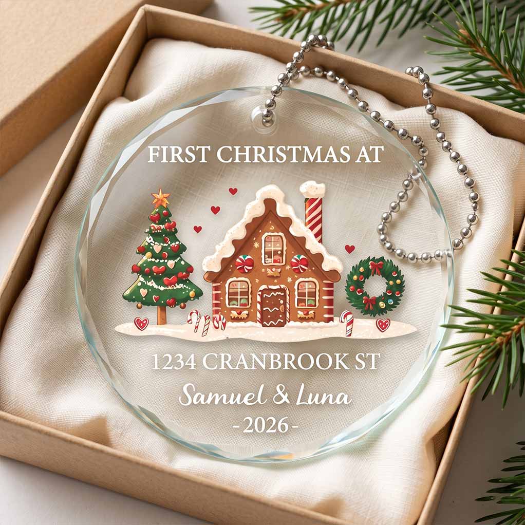 First Christmas at Our New Home 2026 Housewarming Keepsake Personalized Custom Name Date New Home Round Glass Christmas Ornament for New Homeowners