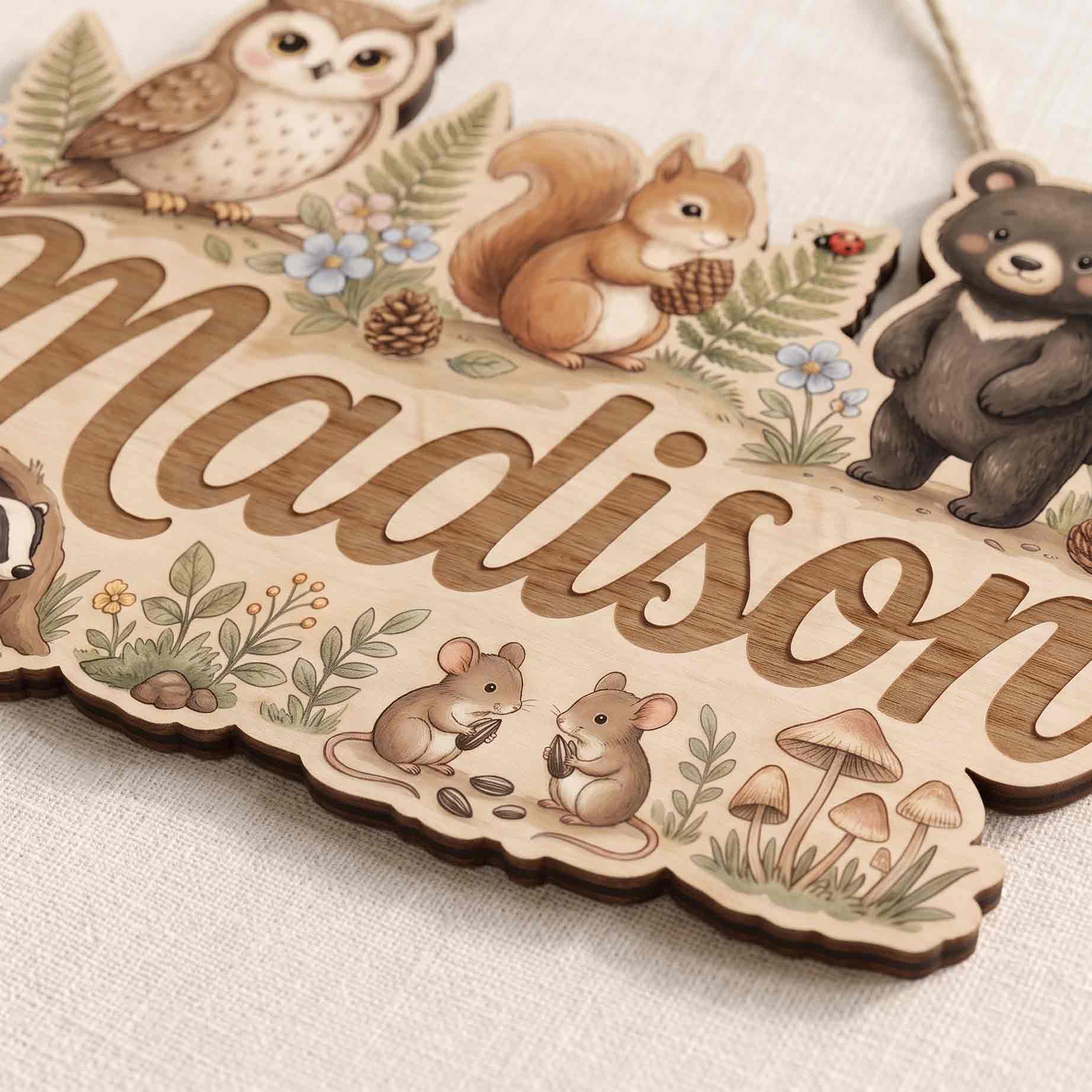 Personalized Woodland Owl Bear Squirrel Nursery Wooden Sign