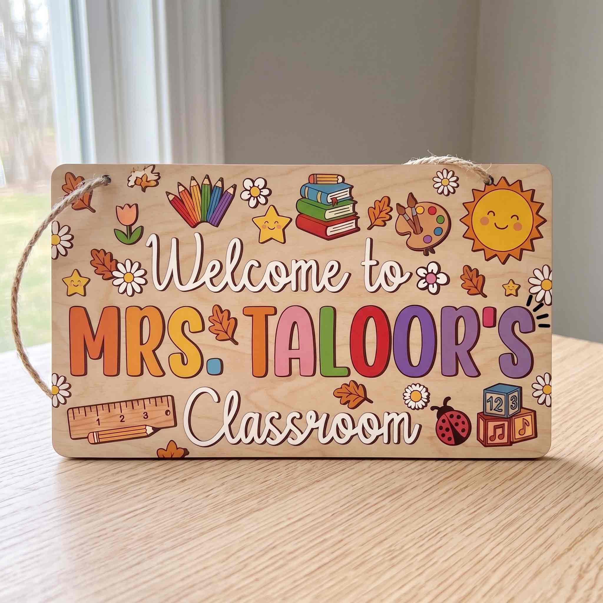 Personalized Welcome to Teacher Classroom Wooden Sign, Custom Fall Classroom Door Hanger with Autumn Leaves
