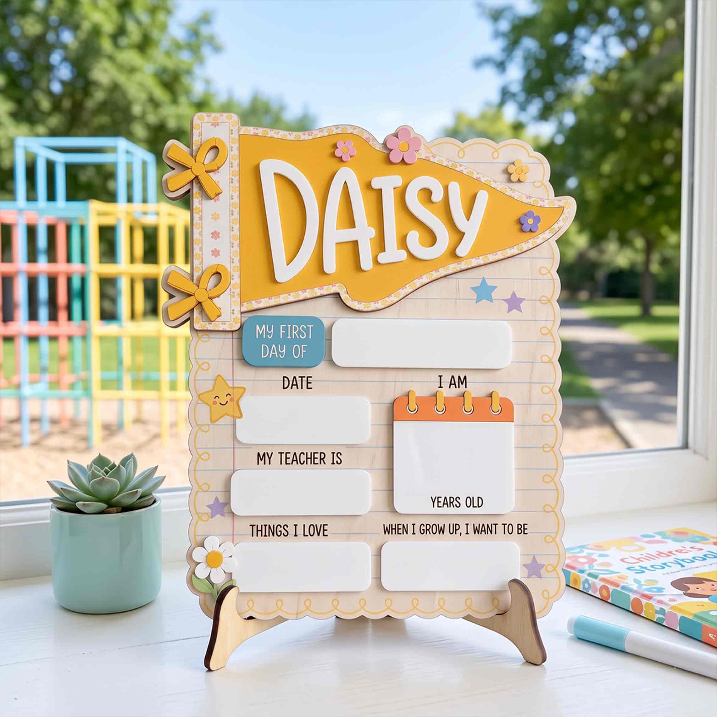 Personalized Yellow Pennant First & Last Day School Sign, Reusable Dry Erase Board, Back to School Sign