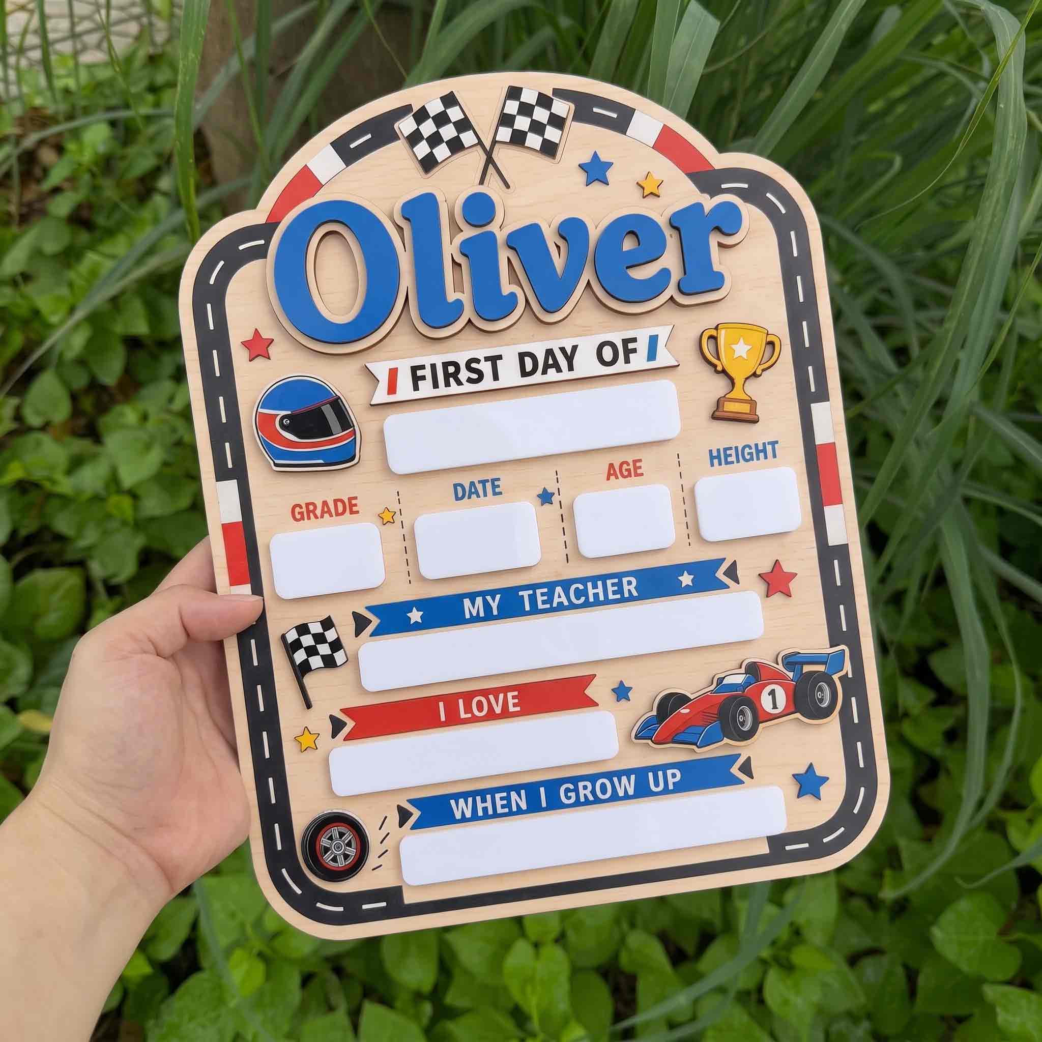 Personalized Race Track Adventure First & Last Day School Sign, Reusable Dry Erase Board, Back to School Sign