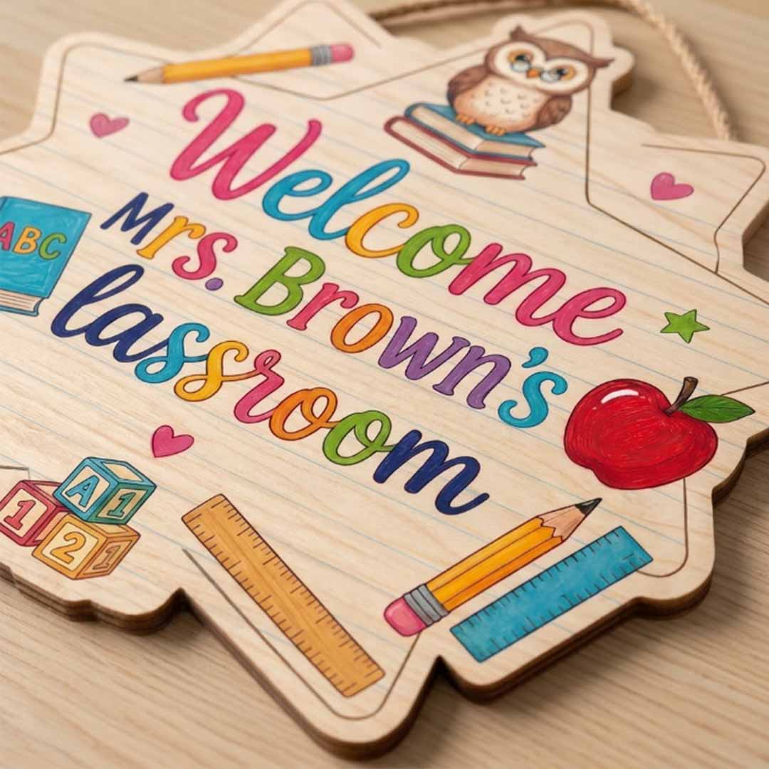 Personalized Teacher Name Wooden Sign Door Hanger Welcome Classroom Star Wooden Classroom Decor, Back to School Sign