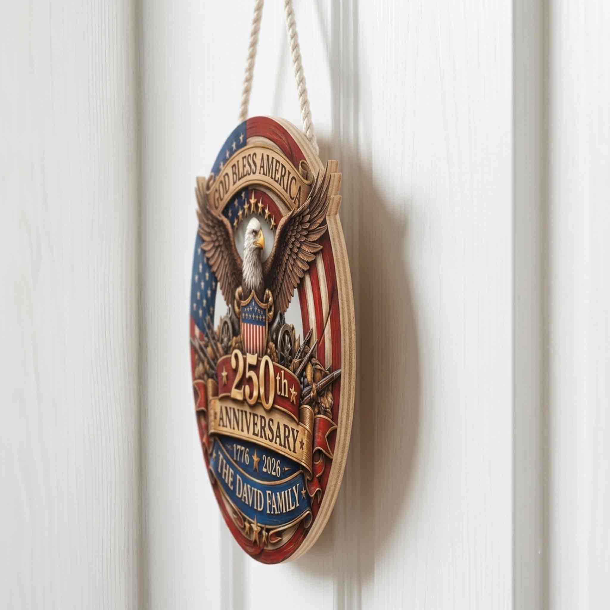 Personalized America 250 Wooden Sign With Custom Family Name and Eagle Design