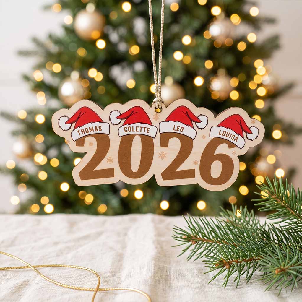 2026 Santa Hat Family Holiday Keepsake Personalized Custom Name Family 1-Layer Wooden Christmas Ornament for Family Members