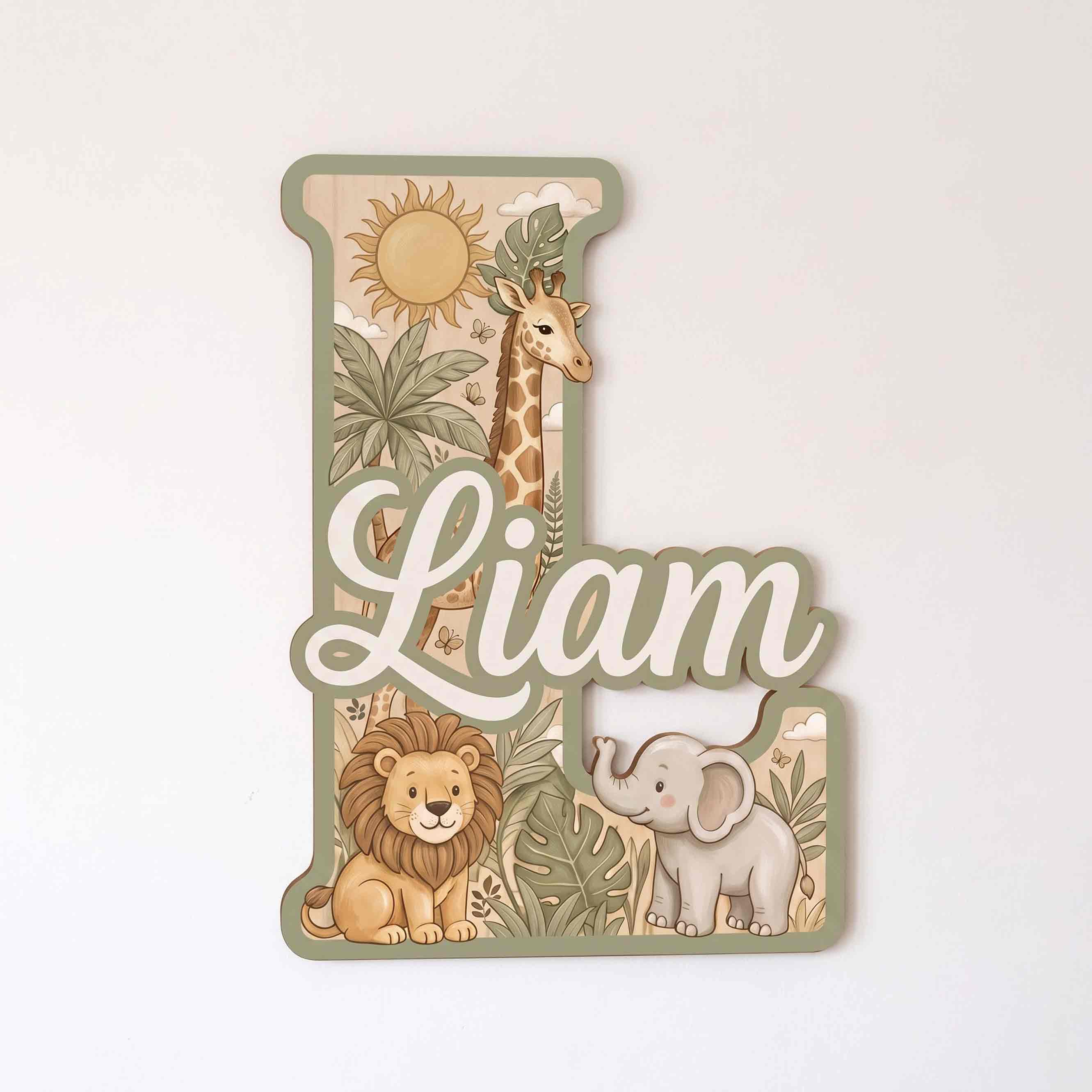 Personalized Safari Animals Nursery Name Sign Wooden Baby Room Decor