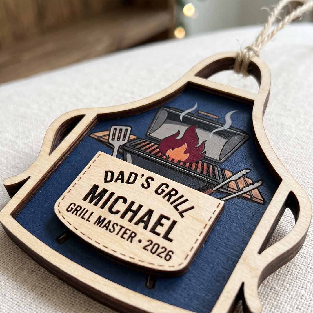 Dad's Grill Apron Personalized Custom Name Date Family 2-Layer Wooden Christmas Ornament Grill Master Christmas Gift for Dad