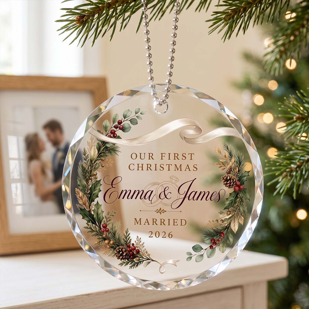 Our First Christmas Golden Greenery Wreath Custom Names Date First Married Christmas Round Glass Christmas Ornament