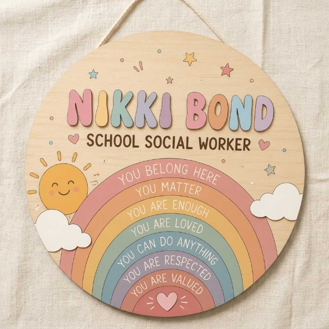 Personalized Teacher Name Wooden Sign Door Hanger School Social Worker Wooden Classroom Decor, Back to School Sign