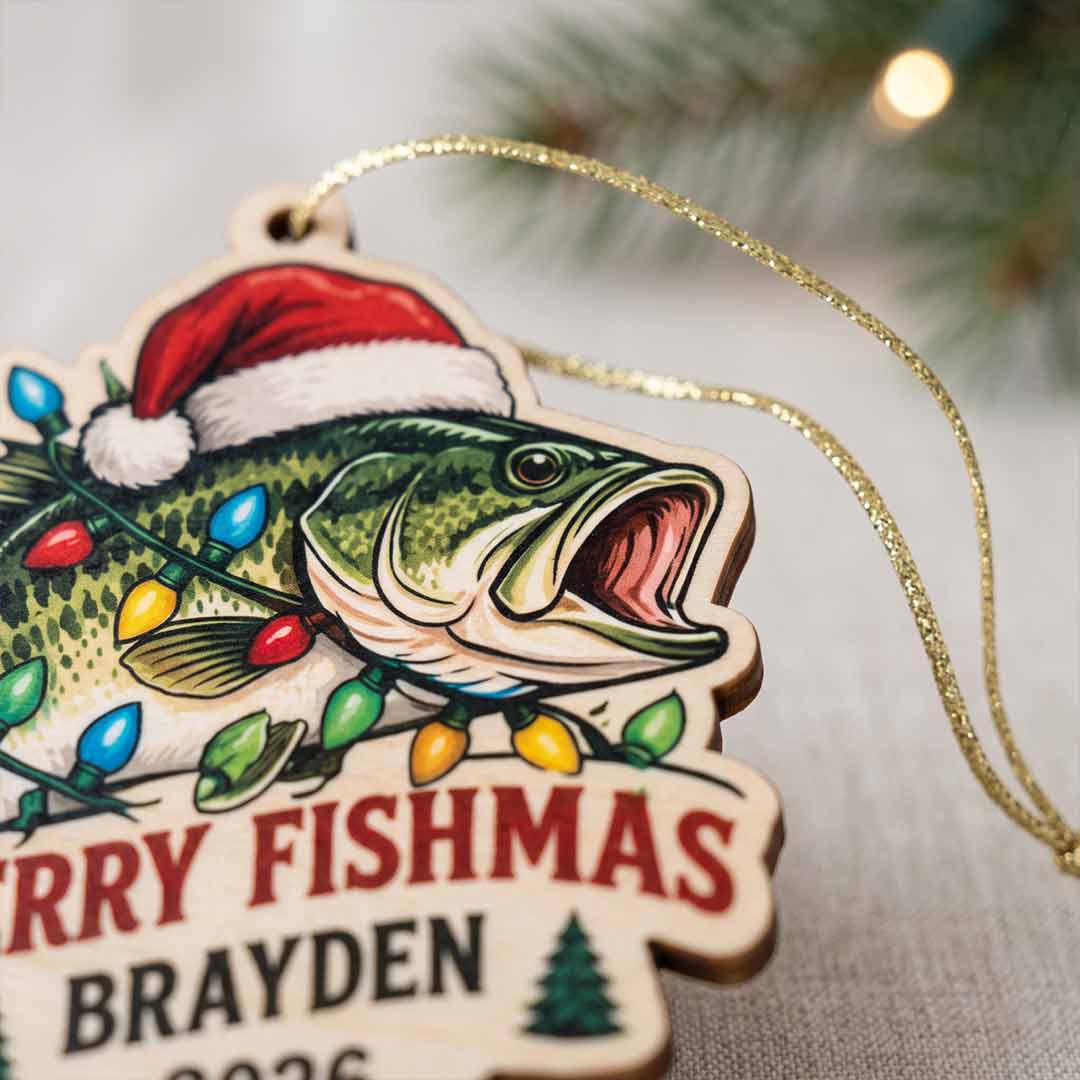 Merry Fishmas Christmas Lights Fisherman Holiday Keepsake Personalized Custom Name Date Fishing 1-Layer Wooden Christmas Ornament for Fishing Lovers