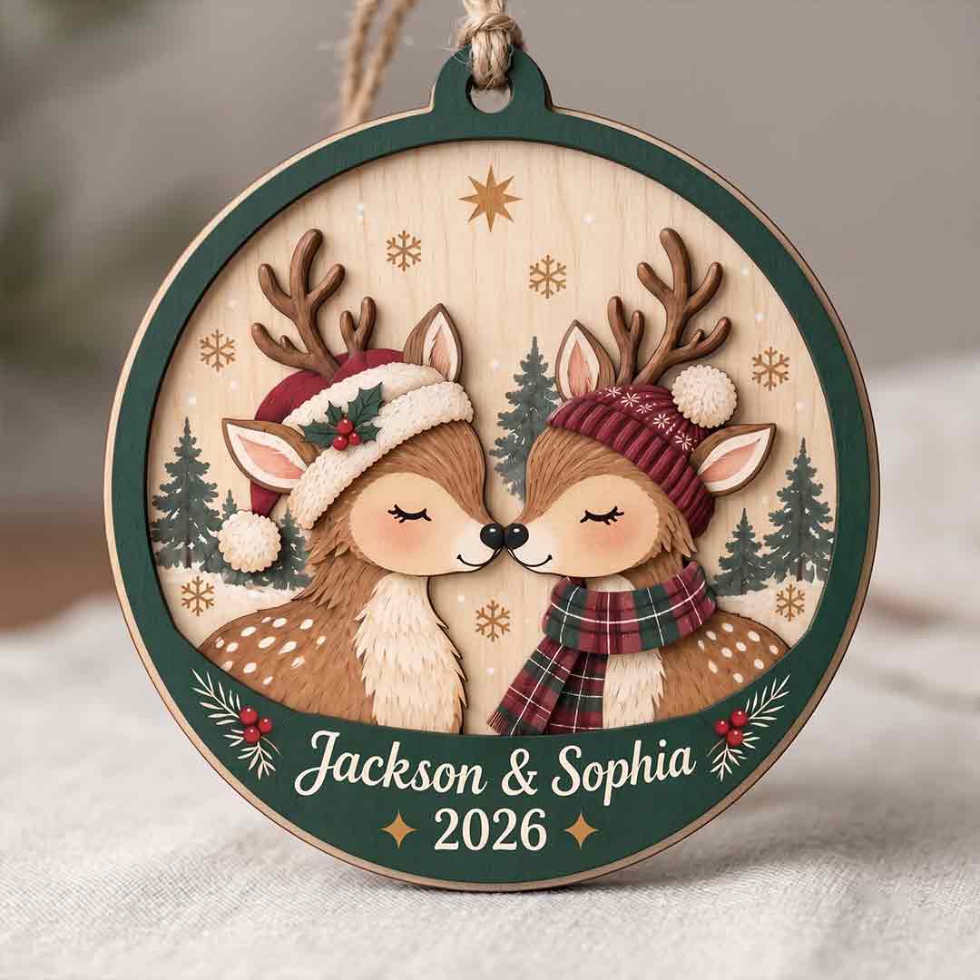 Reindeer Couple Christmas Personalized Custom Name Date Couple 2-Layer Wooden Christmas Ornament Christmas Gift for Couples