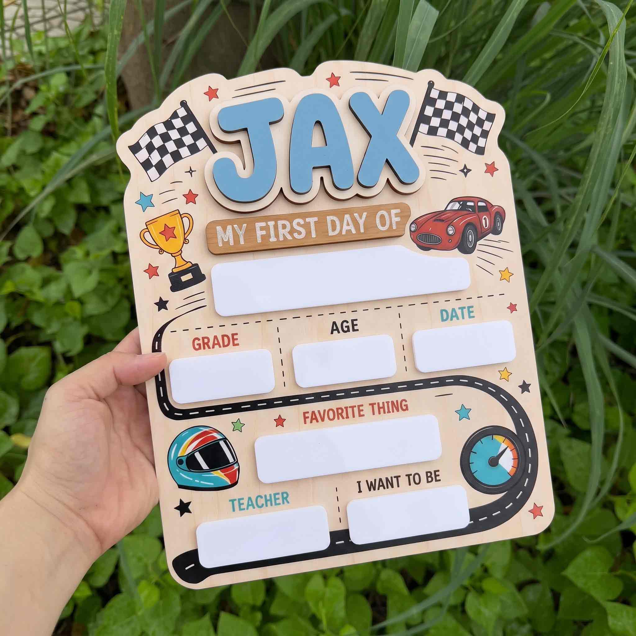 Personalized Speedway Race Theme First & Last Day School Sign, Reusable Dry Erase Board, Back to School Sign