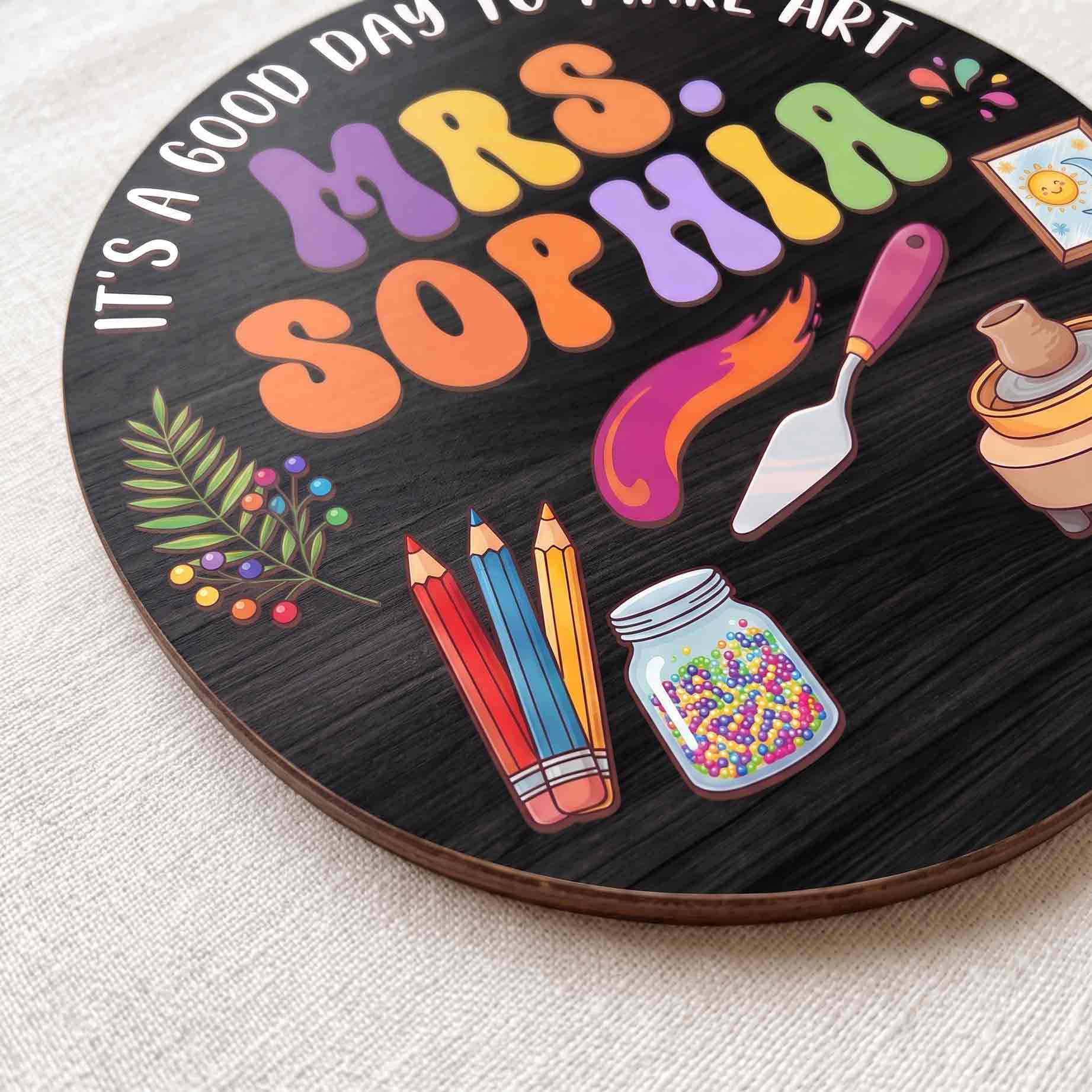 Personalized Art Teacher Classroom Door Hanger Wooden Sign, Custom Art Room Welcome Sign