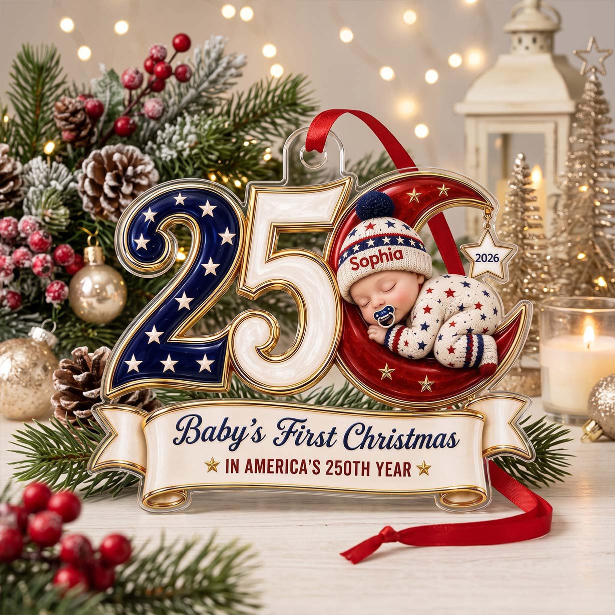 250 Moon Sleeping Baby America's 250th Year Custom Name Baby's First Christmas Acrylic Christmas Ornament Patriotic