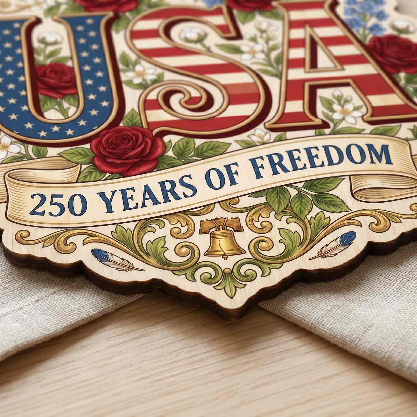 USA 250 Years of Freedom Floral Wooden Sign