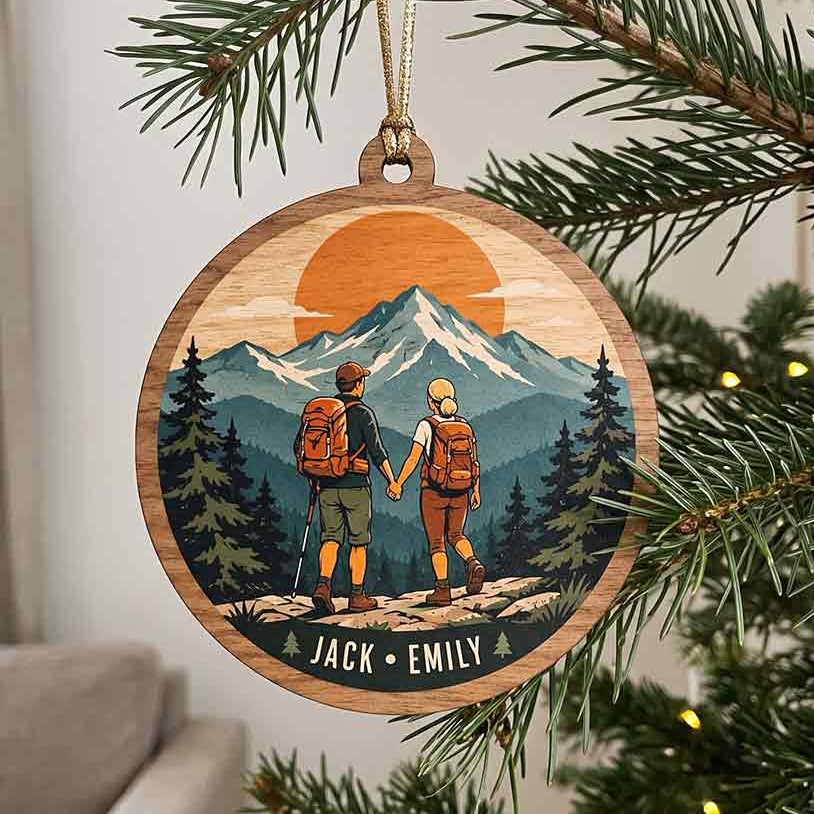 Hiking Couple Mountain Adventure Outdoor Keepsake Personalized Custom Name Adventure Couple 1-Layer Wooden Christmas Ornament for Hiking Partners Gift