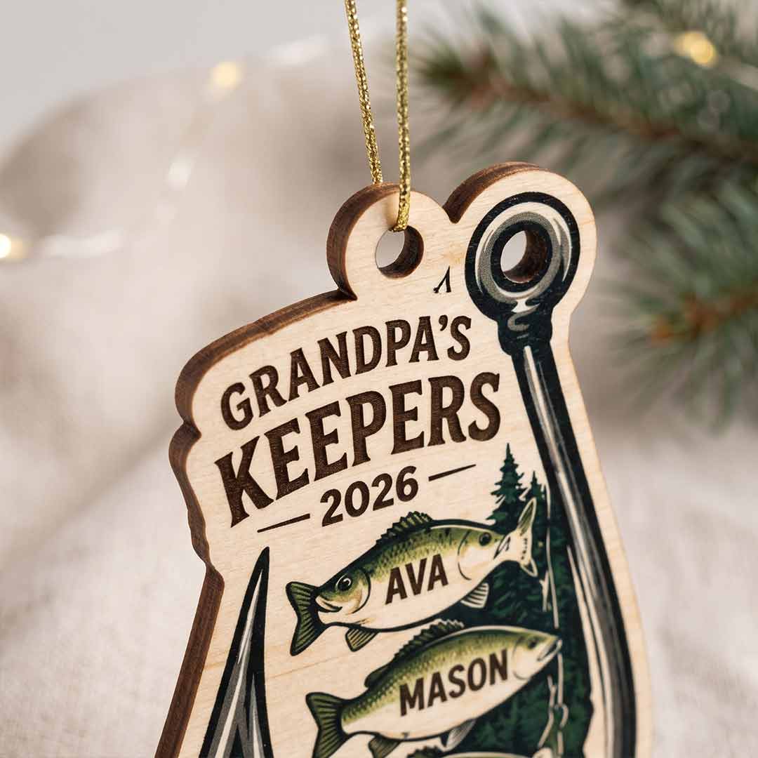 Grandpa's Keepers Fishing Fisherman Father Keepsake Personalized Custom Name Date Fishing 1-Layer Wooden Christmas Ornament for Dad Gift