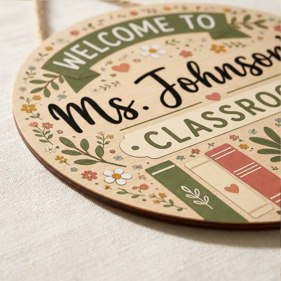 Personalized Teacher Name Wooden Sign Door Hanger Wildflower Classroom Wooden Classroom Decor, Back to School Sign