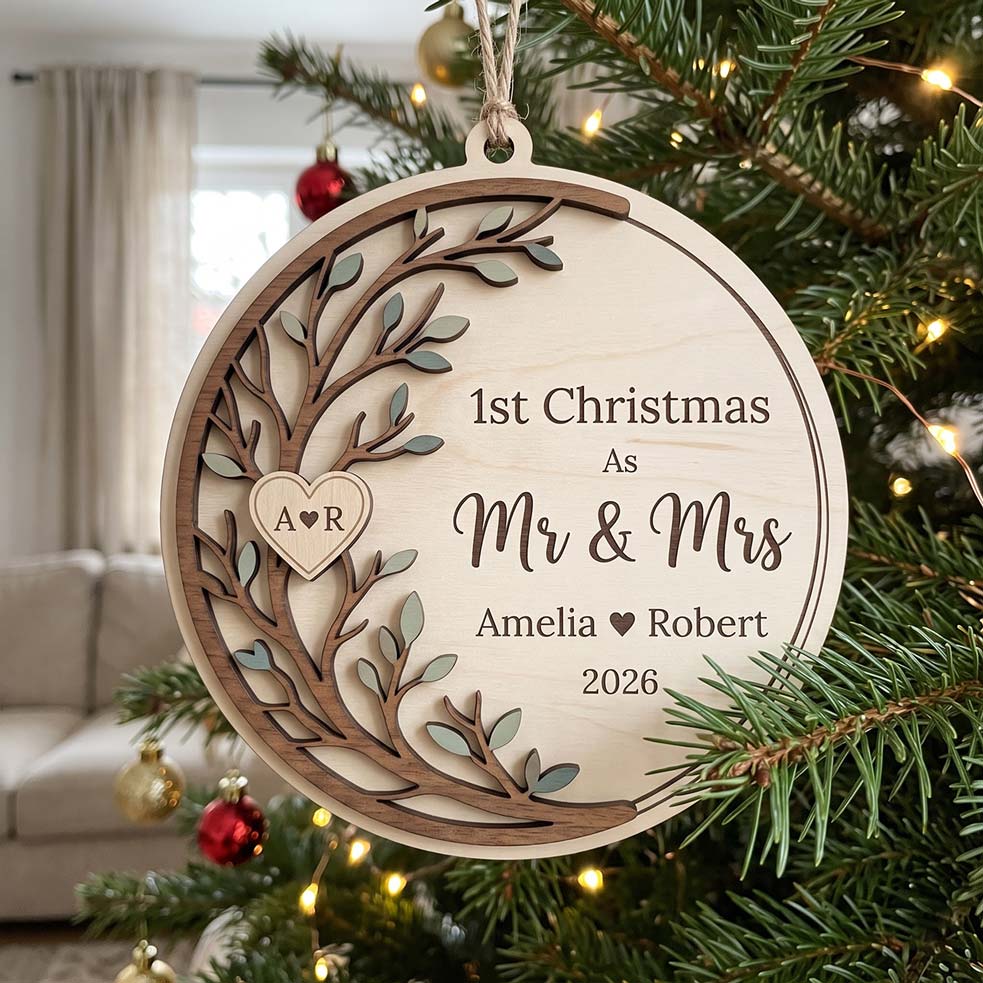 First Christmas Mr and Mrs Love Tree Custom Names Date First Married Christmas Wooden Ornament