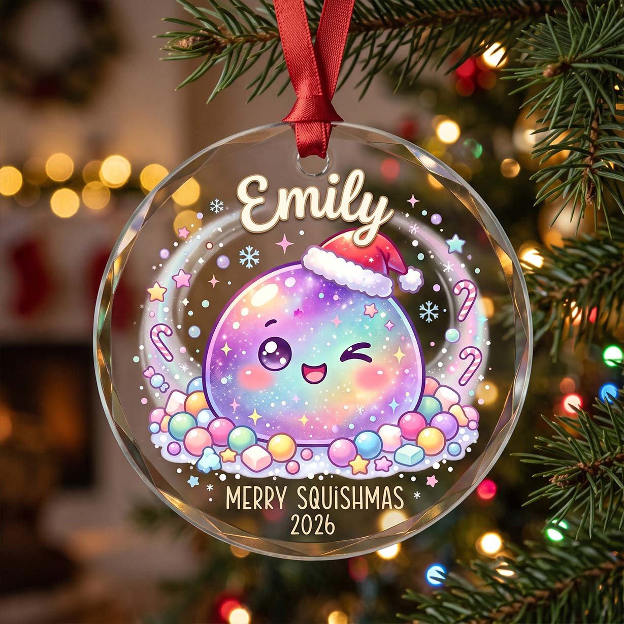 Merry Squishmas Santa Squishy Custom Name Date Round Glass Christmas Ornament Cute