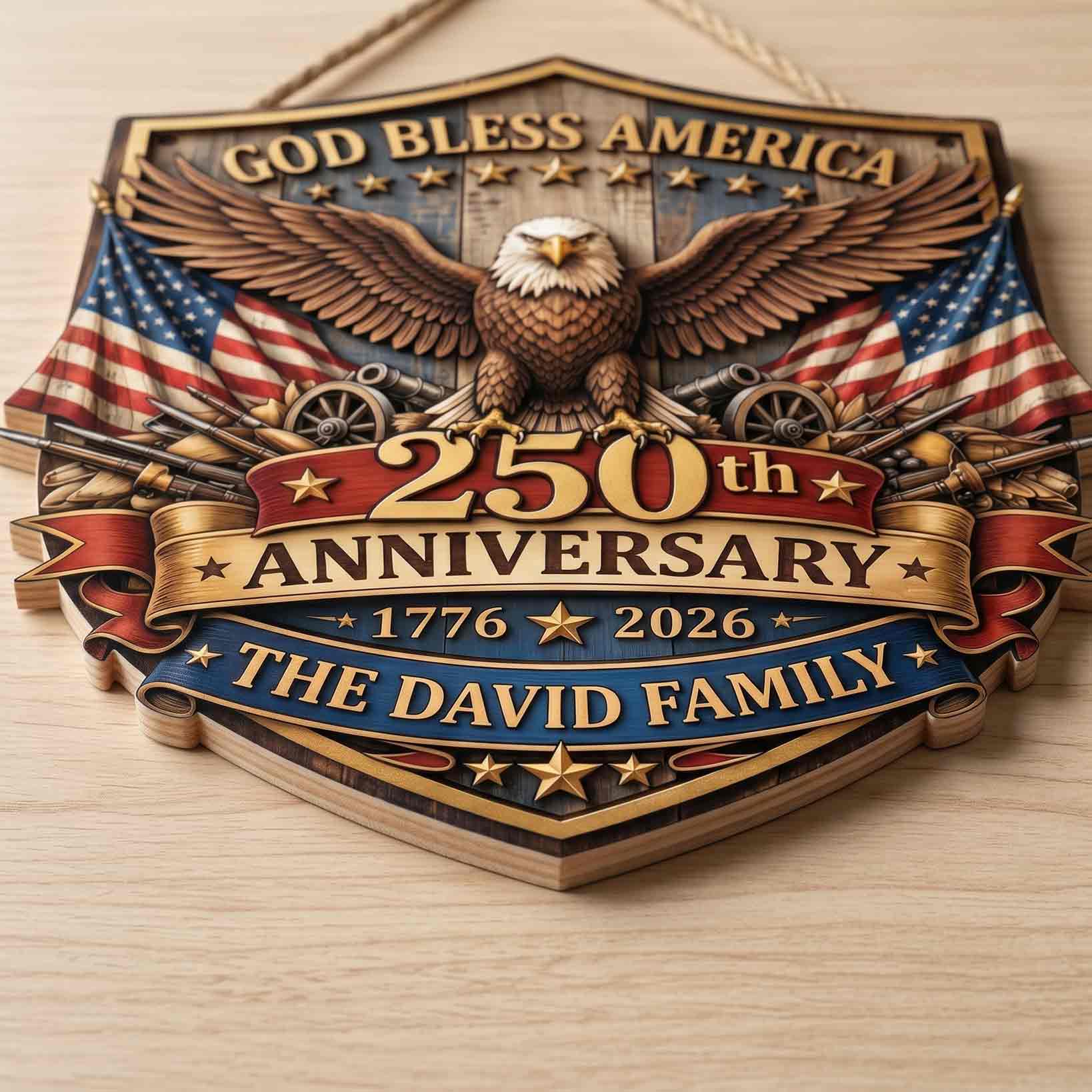 Personalized America 250th Anniversary Wooden Sign Patriotic Family Name Decor
