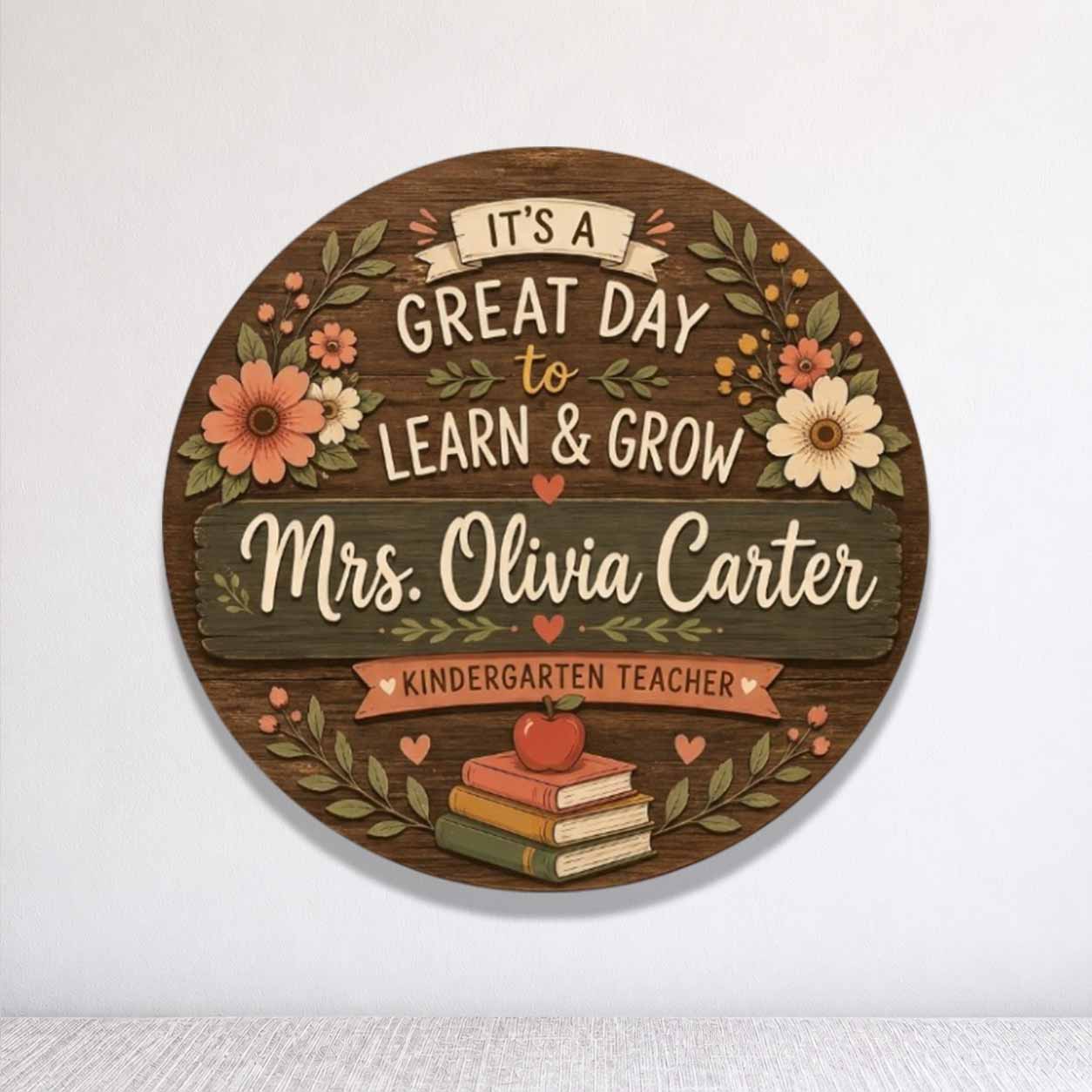 Personalized Teacher Name Wooden Sign Door Hanger Great Day To Learn & Grow Wooden Classroom Decor, Back to School Sign