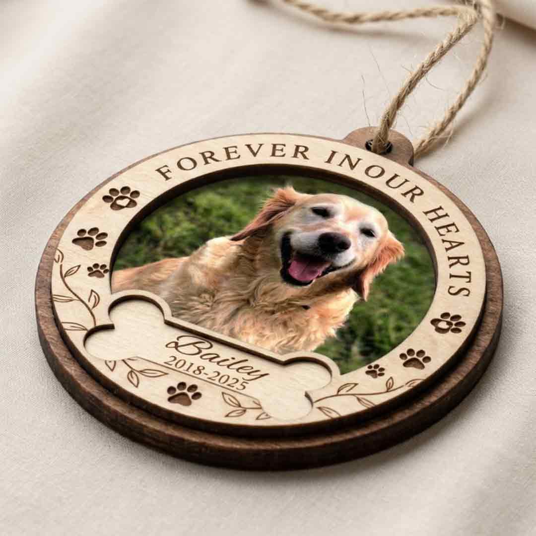 Forever In Our Hearts Memorial Personalized Custom Name Date Photo Dog 2-Layer Wooden Christmas Ornament for Pet Loss Remembrance Gift