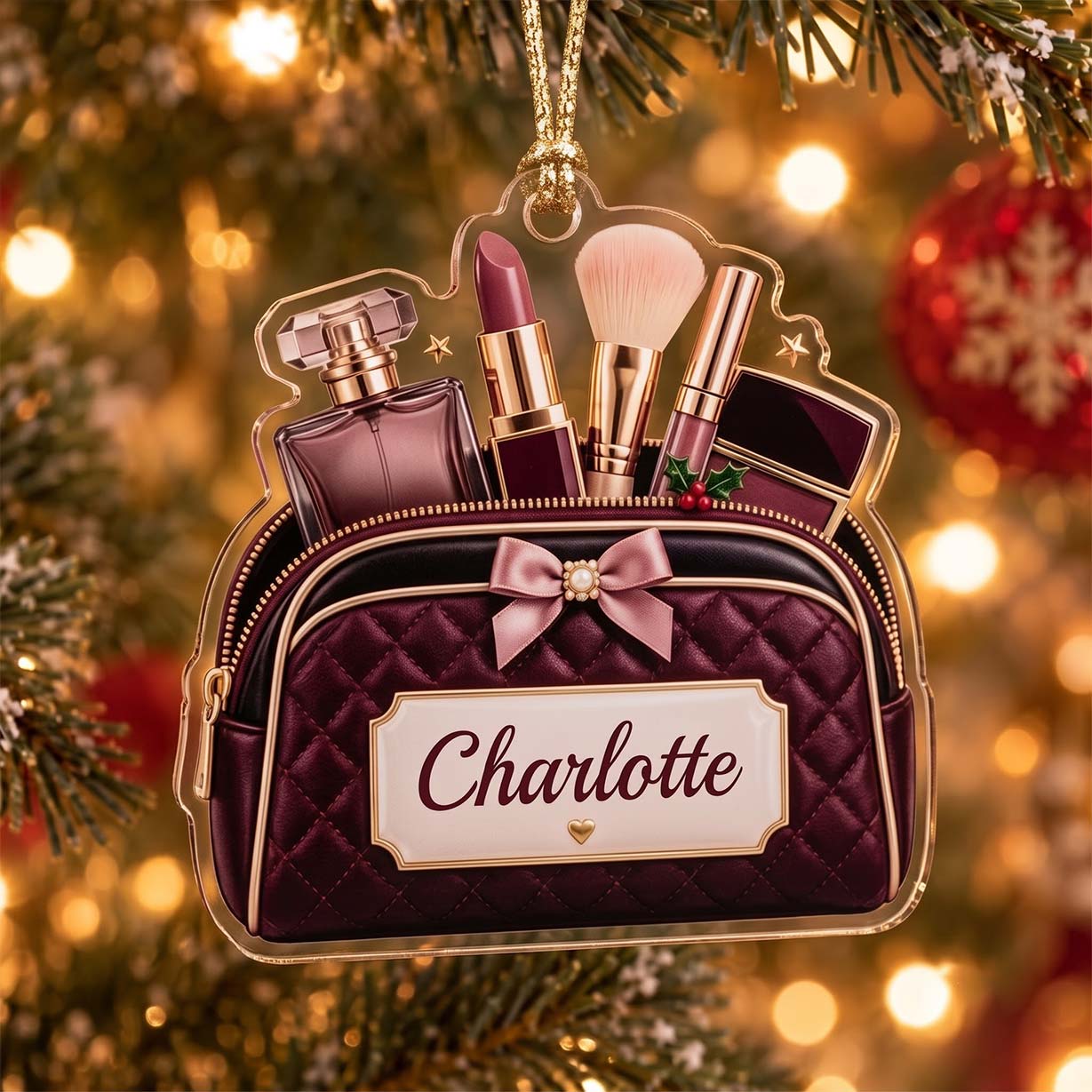 Makeup Burgundy Cosmetic Bag Lipstick Brush Custom Name Acrylic Christmas Ornament Makeup Lover