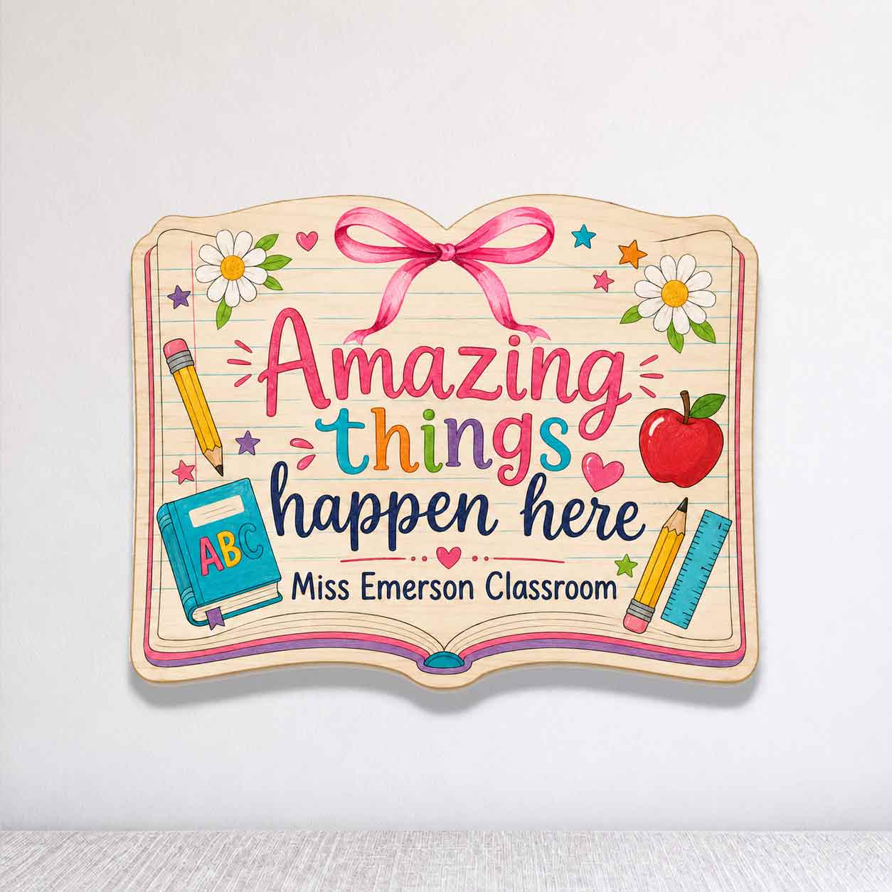Personalized Teacher Name Wooden Sign Door Hanger Amazing Things Happen Here Wooden Classroom Decor, Back to School Sign