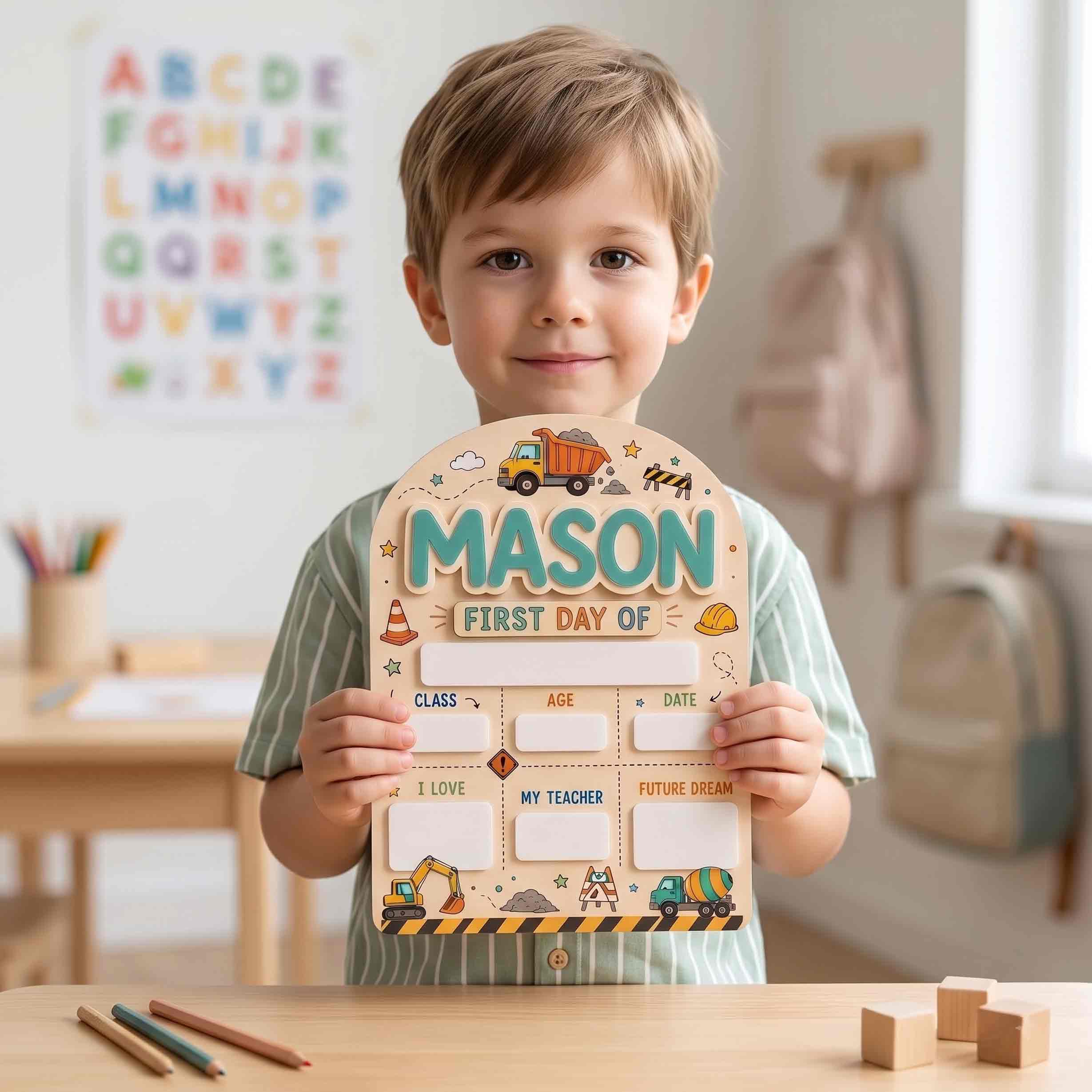 Personalized Construction Site Theme First & Last Day School Sign, Reusable Dry Erase Board, Back to School Sign