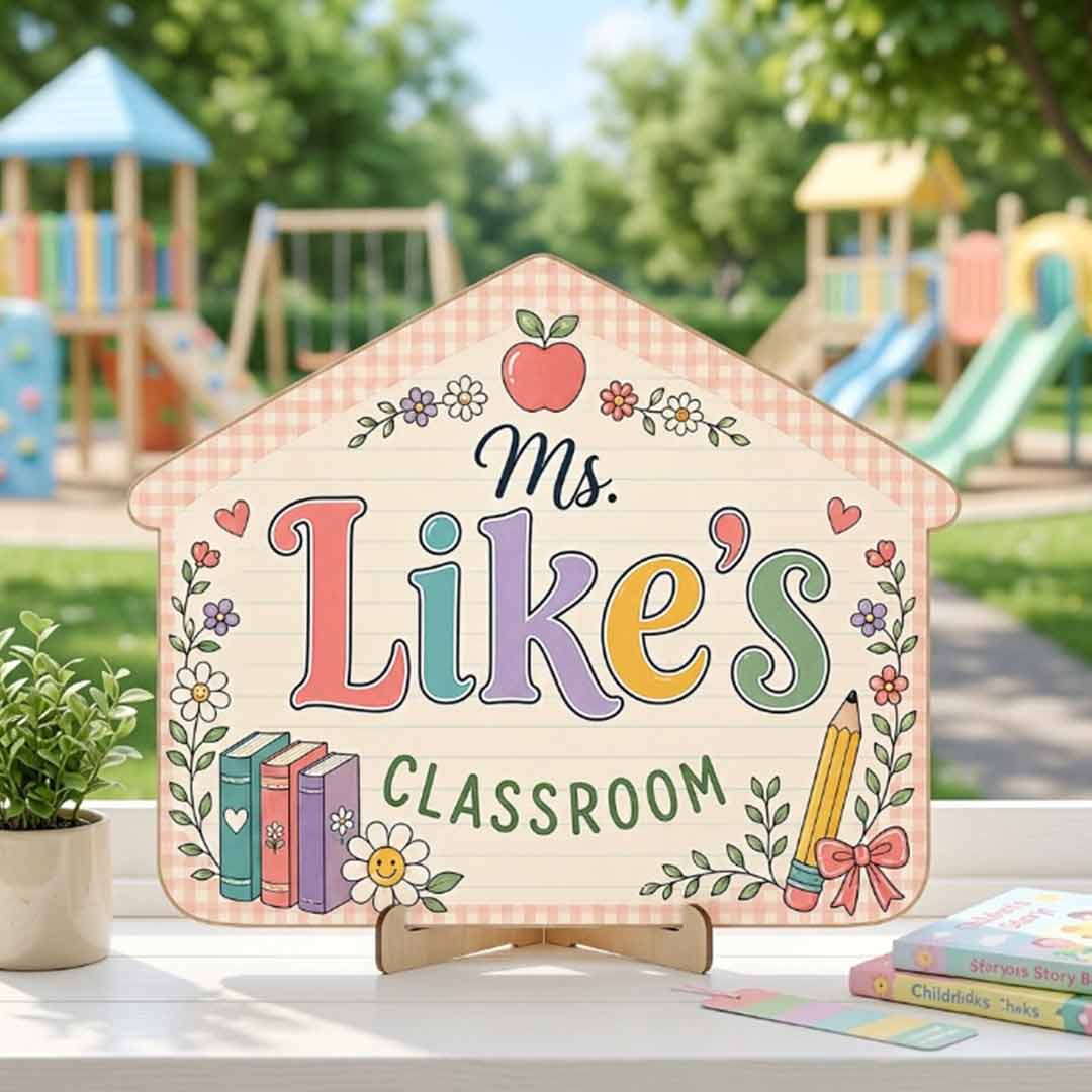 Personalized Teacher Name Wooden Sign Door Hanger Floral Schoolhouse Wooden Classroom Decor, Back to School Sign
